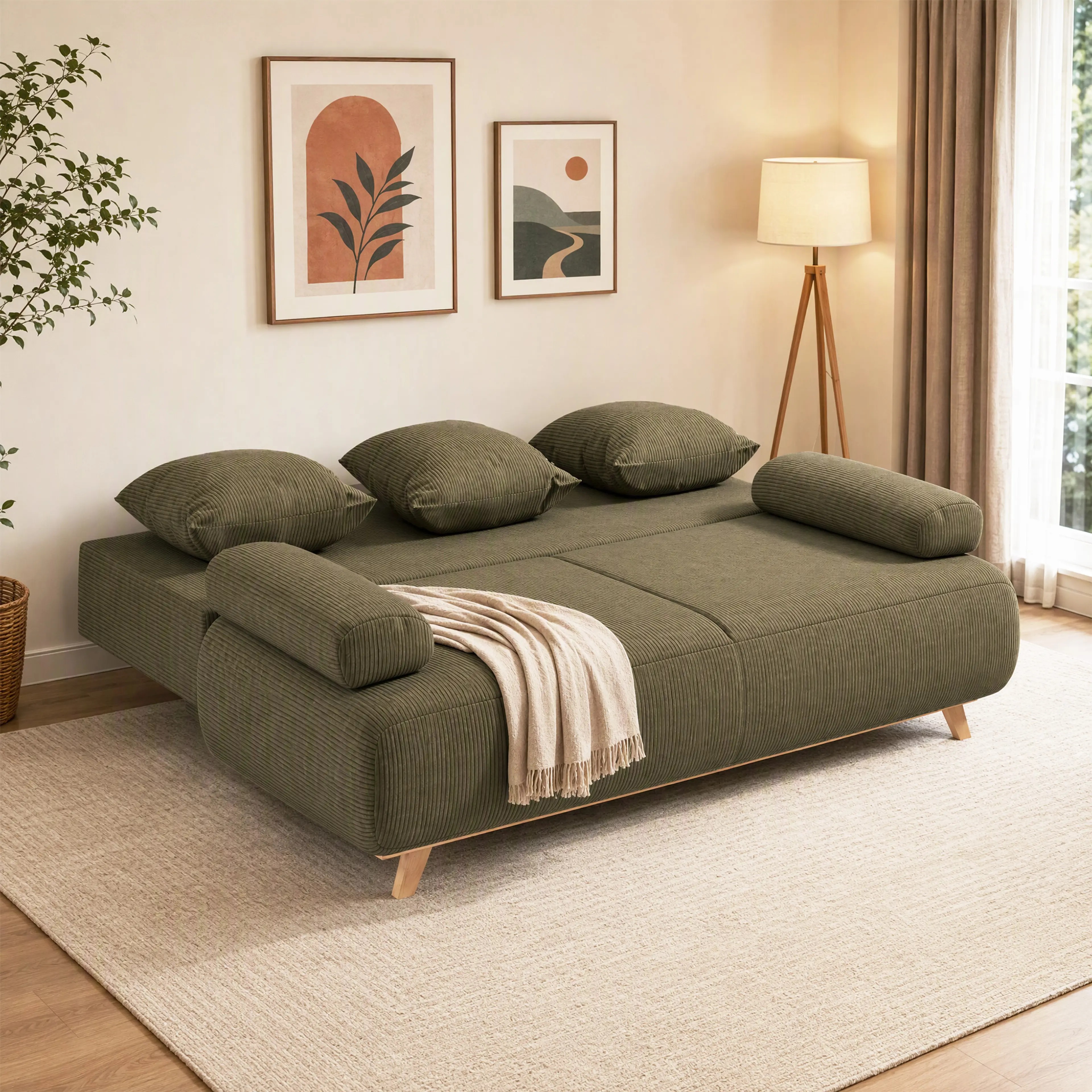 Bäddsoffan utfälld till dubbelsäng 188 × 140 cm med kuddar på bädden