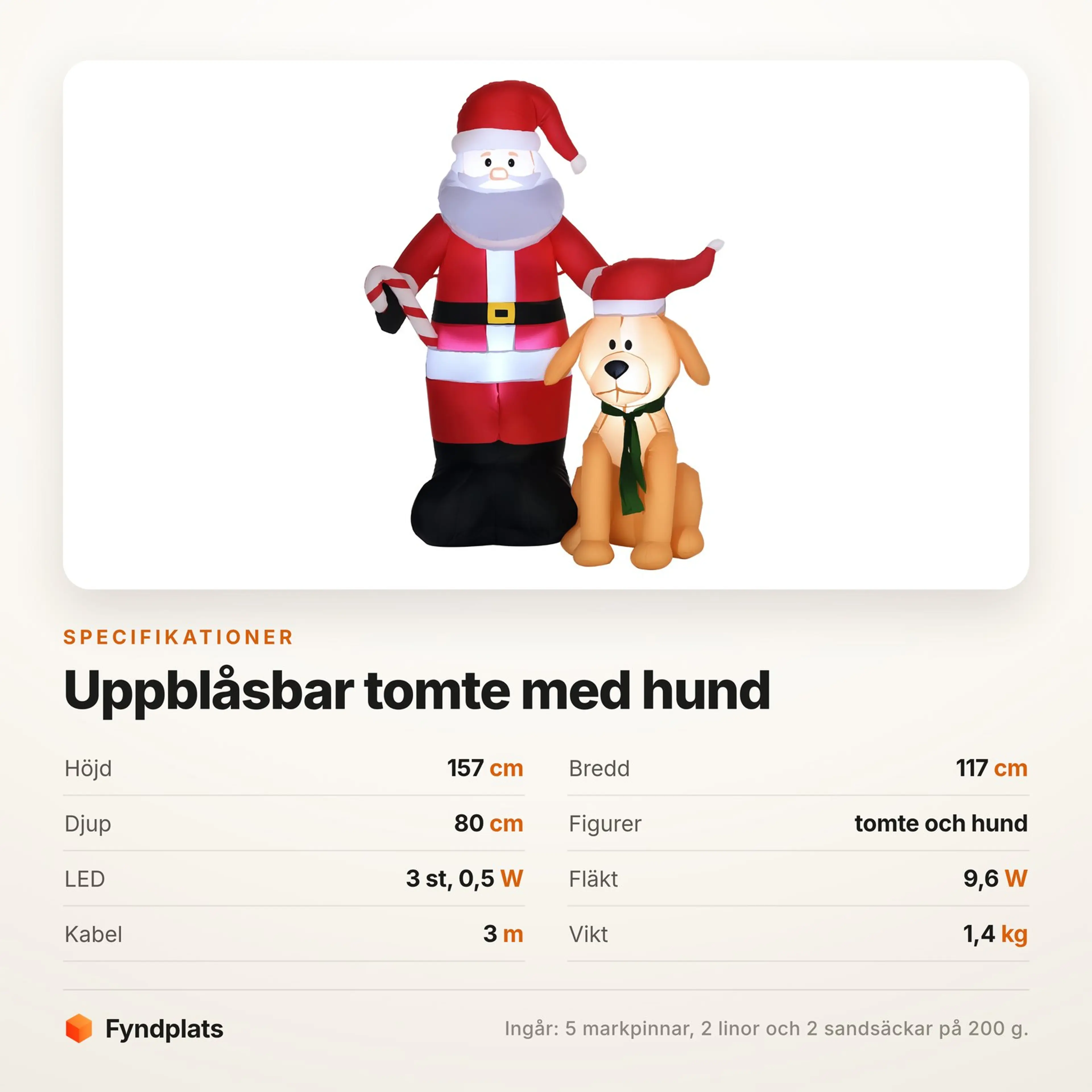 Specifikationskort för uppblåsbar jultomte med hund: 157 cm hög, 117 cm bred och 3 lysdioder