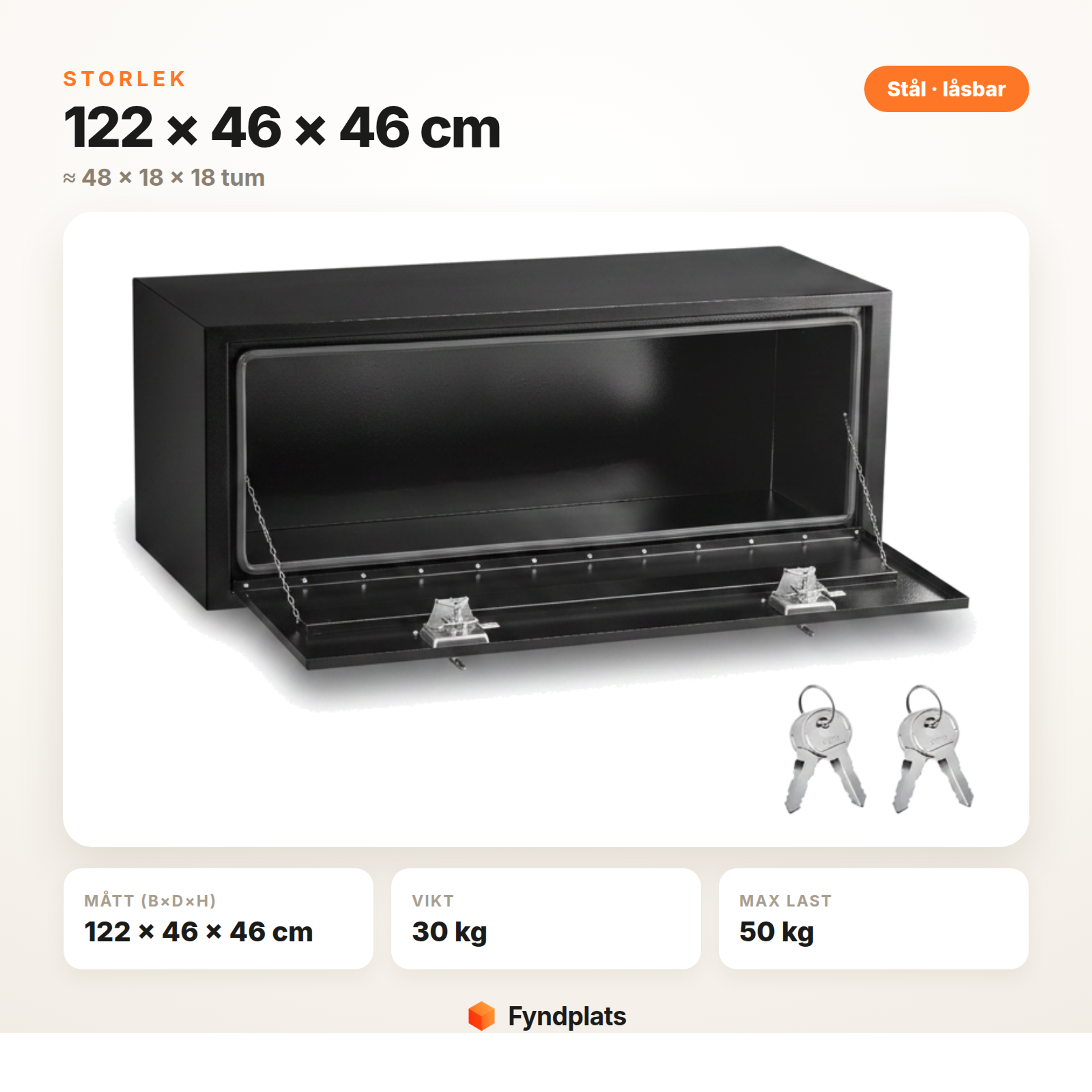 Verktygslåda för lastbil, storlek 122 × 46 × 46 cm – mått, vikt och max last
