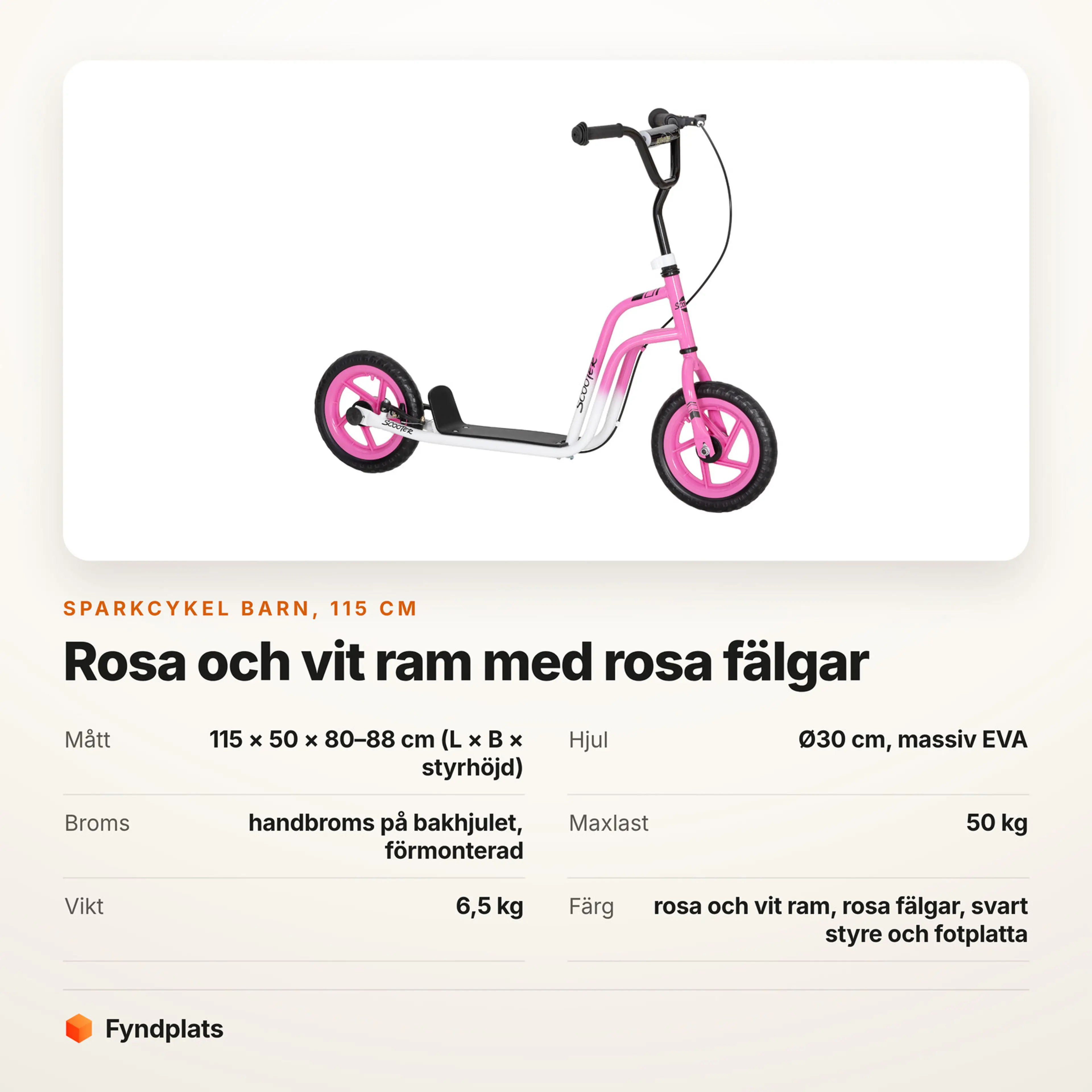 Faktakort: sparkcykel barn 115 cm, rosa och vit ram med rosa fälgar
