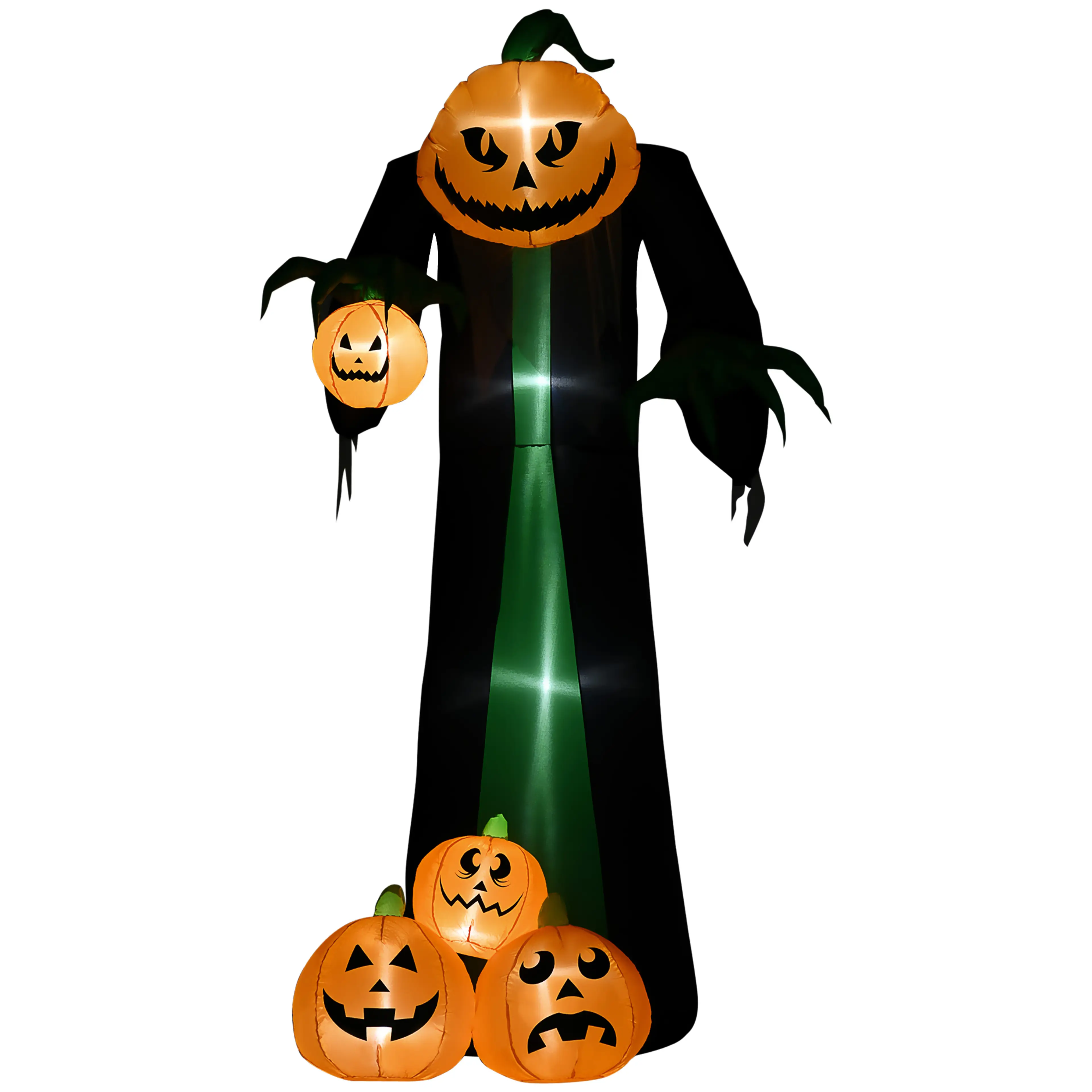 Uppblåsbart pumpspöke 240 cm med grönt sken och tre pumpor