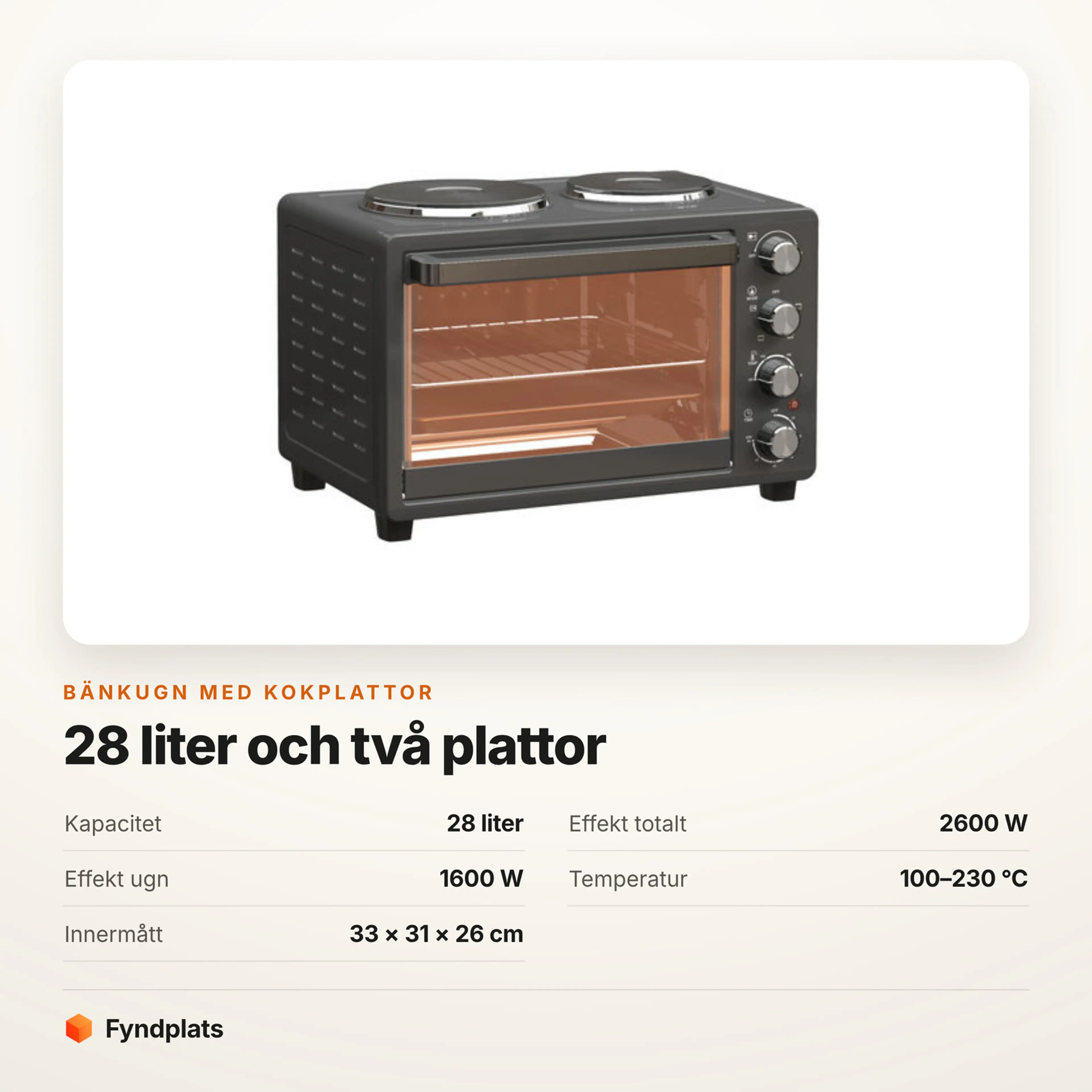 Faktakort: 28 liter, 2600 W totalt varav 1600 W till ugnen, 100–230 °C. Innermått 33 × 31 × 26 cm.