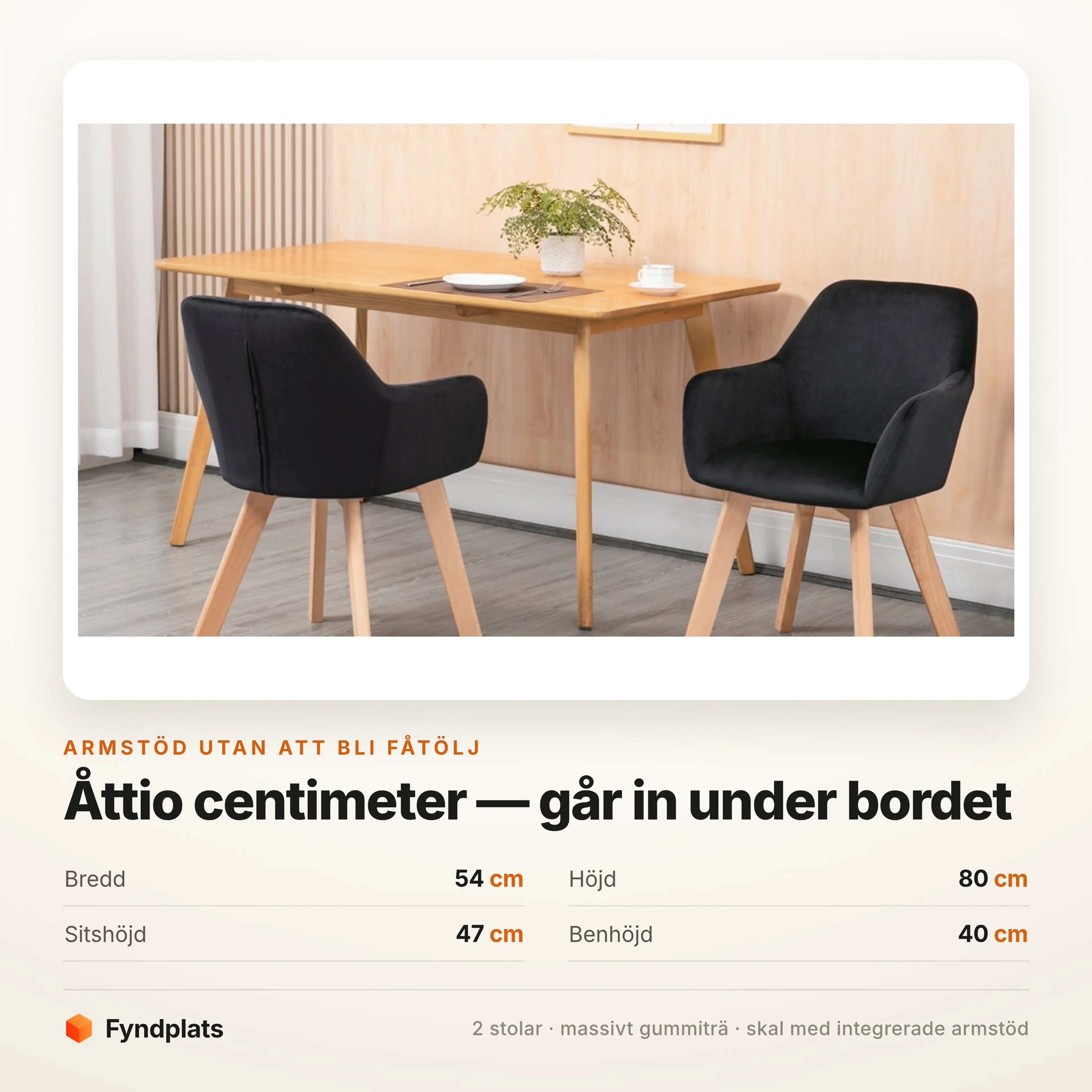 Matstolar 2-pack med armstöd och träben, svart – bild 3