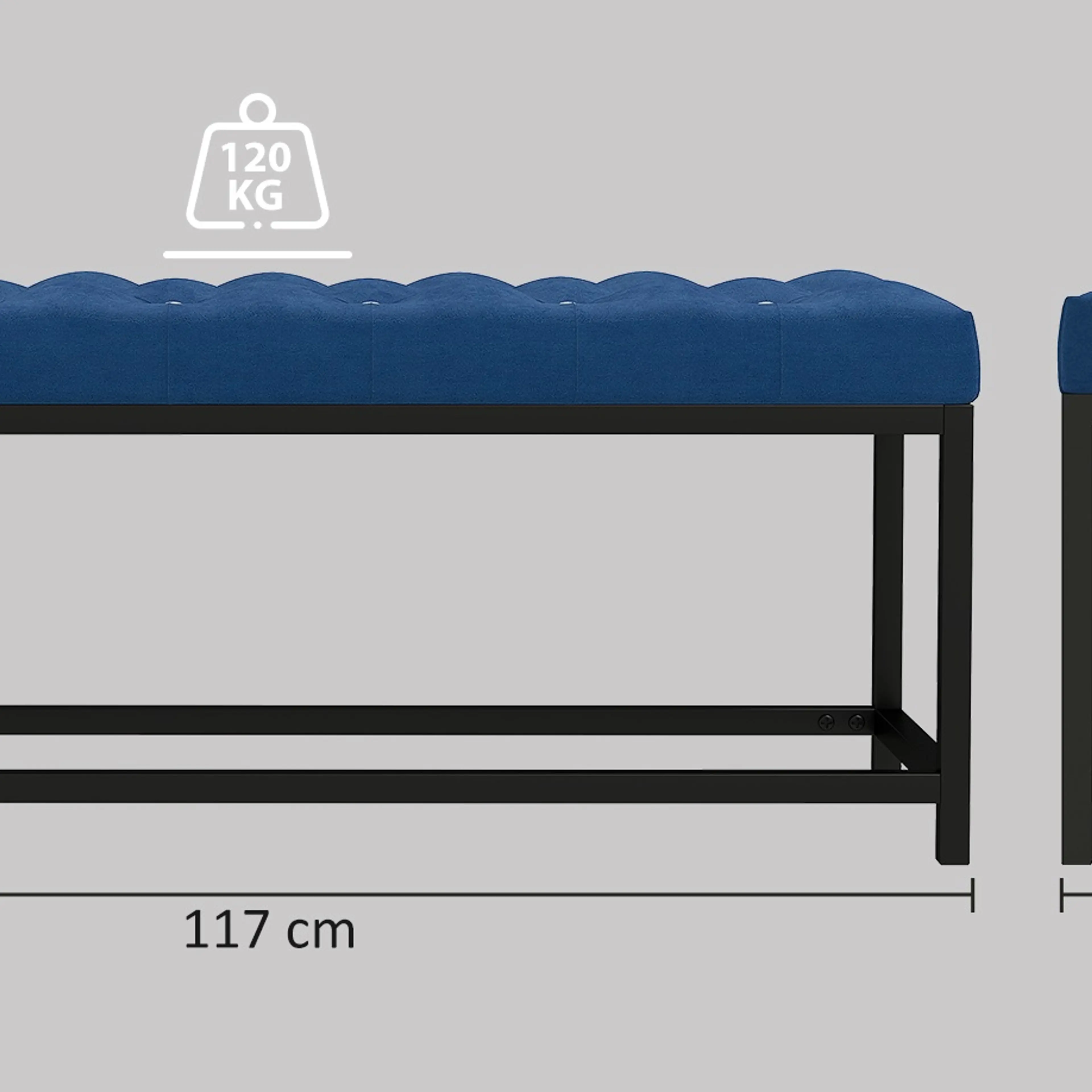 Måttskiss: 117 cm bred, 40 cm djup, 48 cm hög och 8 cm tjock sits
