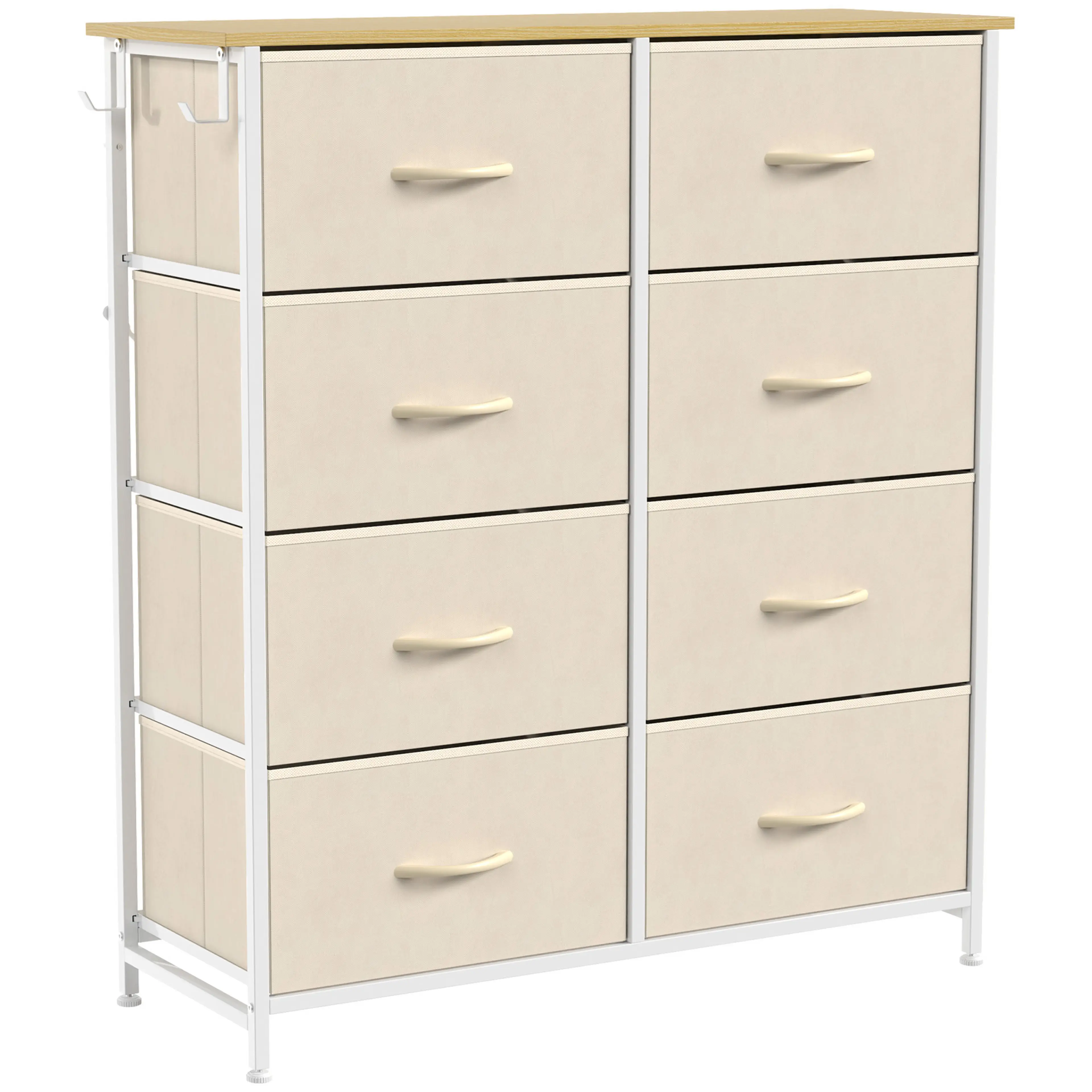 Byrå med åtta beige tyglådor, vit stålram och skiva i ljust trä, på vit bakgrund