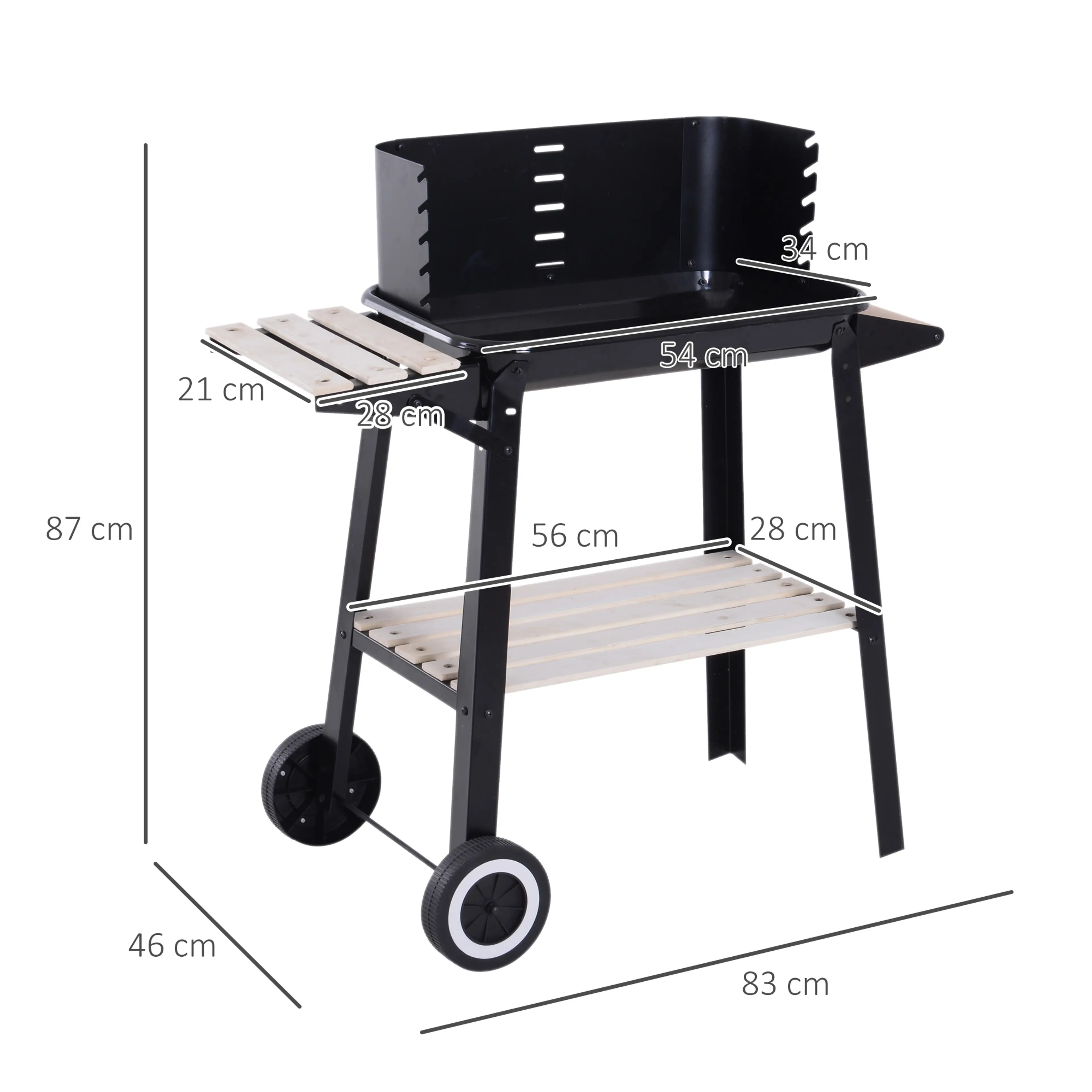 Kolgrillens mått: 83 cm lång, 46 cm djup och 87 cm hög