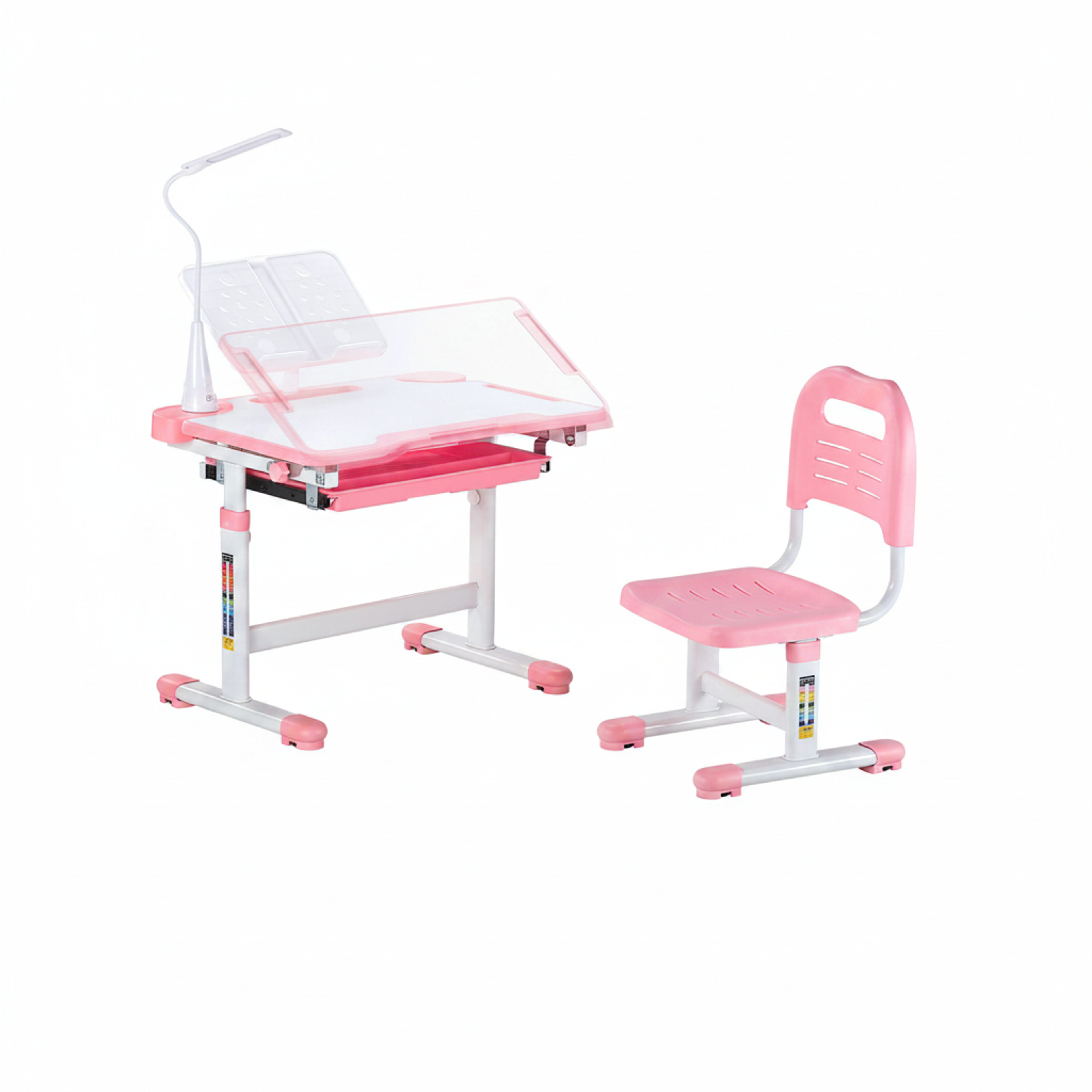 Barnskrivbord 70 cm i rosa med bordslampa, utdragbar låda och matchande stol