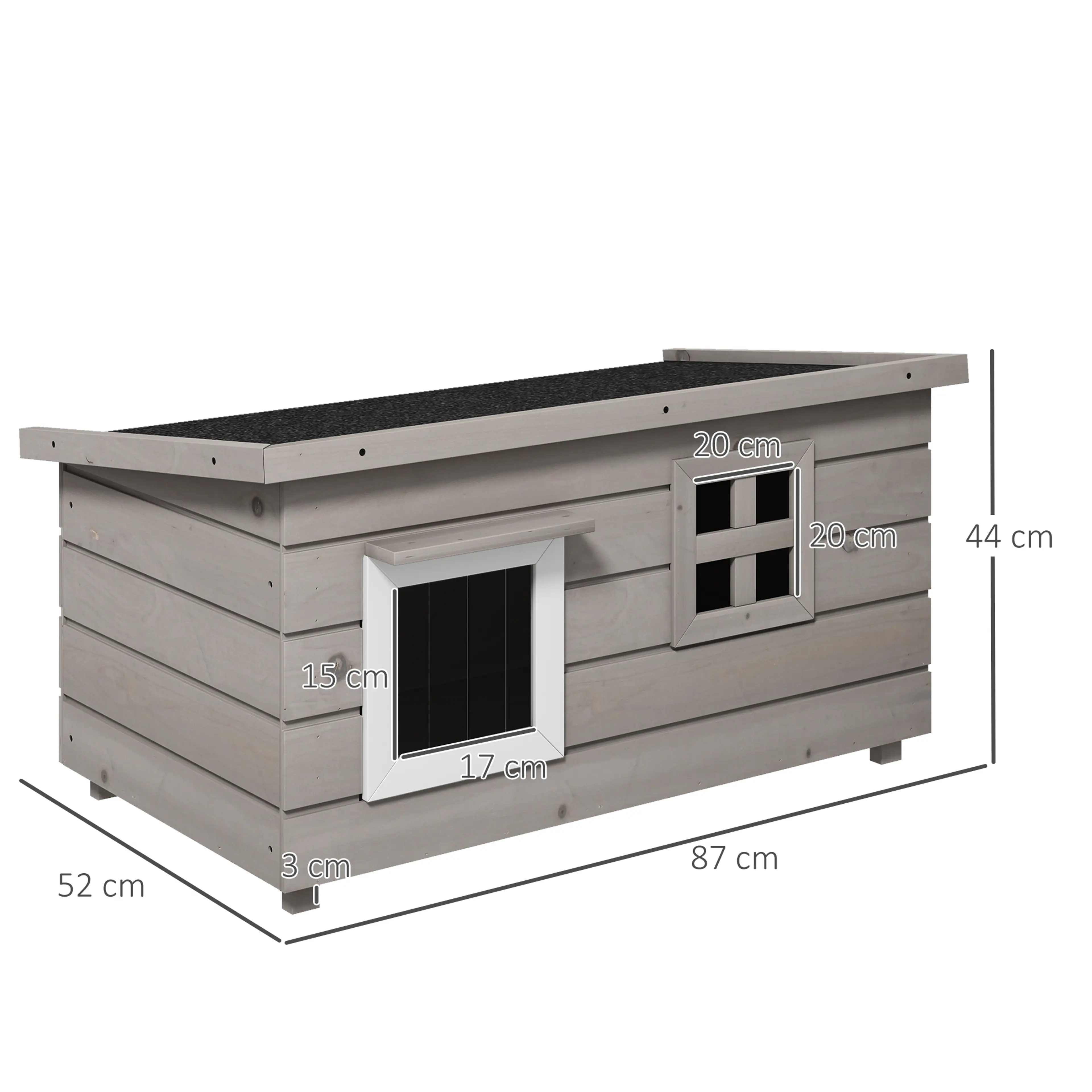 Måttskiss: 87 × 52 × 44 cm med fönster 20 × 20 cm