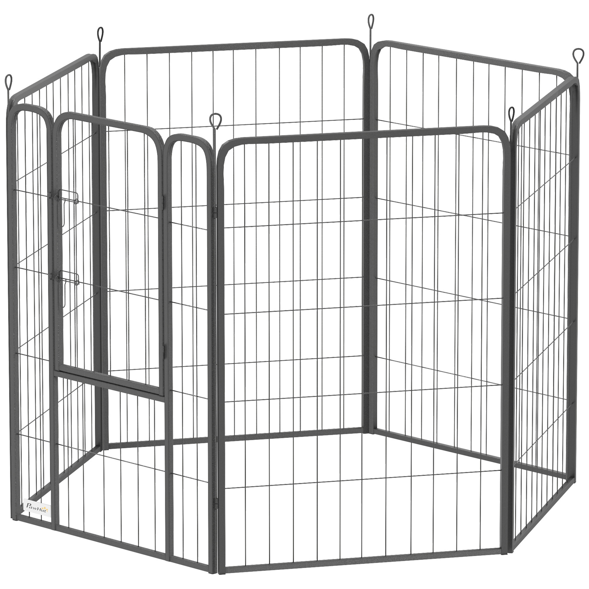 Svart hundhage med sex höga paneler av stål, formad som en sexkant med en dörr på framsidan, mot vit bakgrund