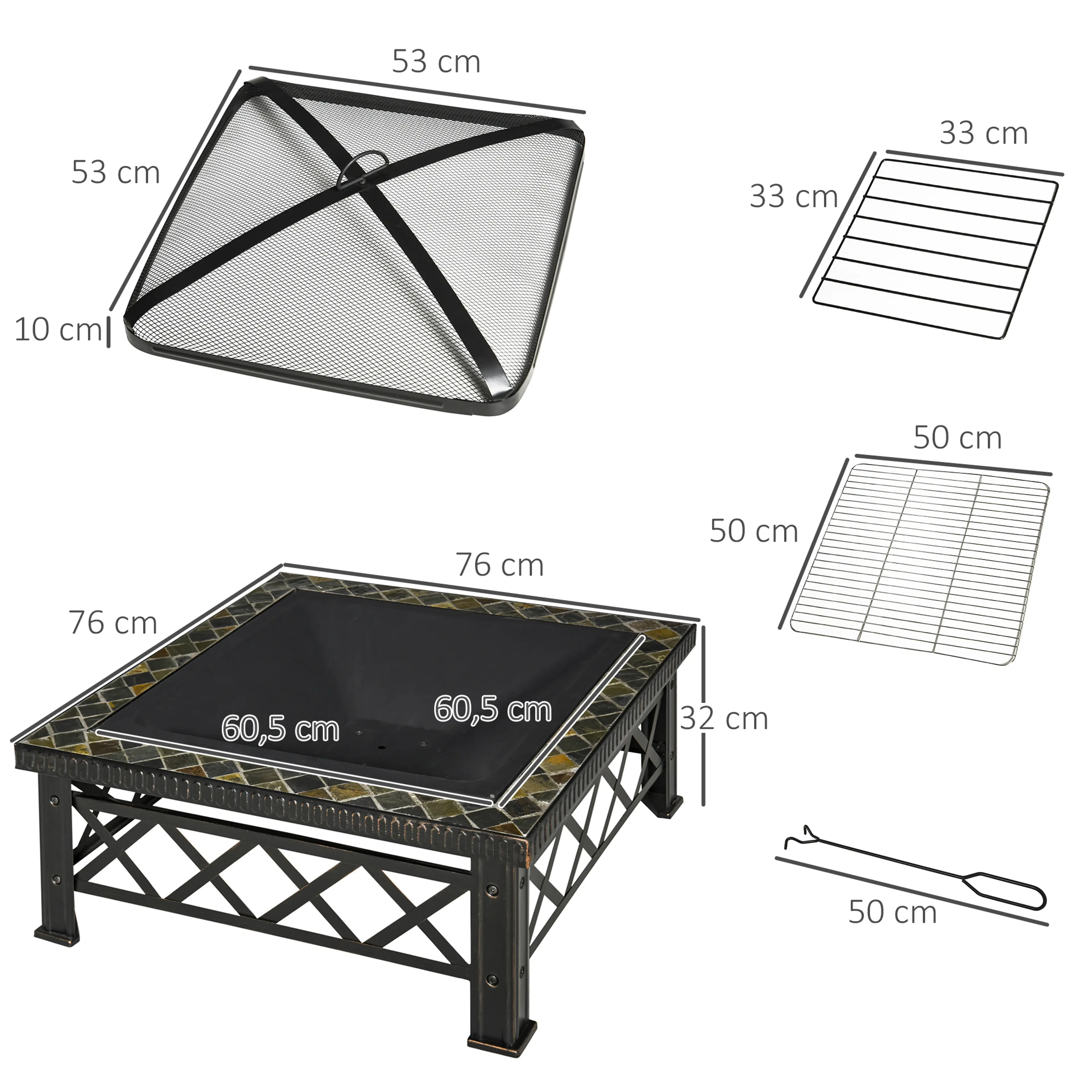 Måttbild: eldstaden är 76 × 76 cm med en skål på 60,5 × 60,5 cm, gnistskydd 53 × 53 cm, grillgaller 50 × 50 cm, kolhållare 33 × 33 cm och en eldgaffel på 50 cm