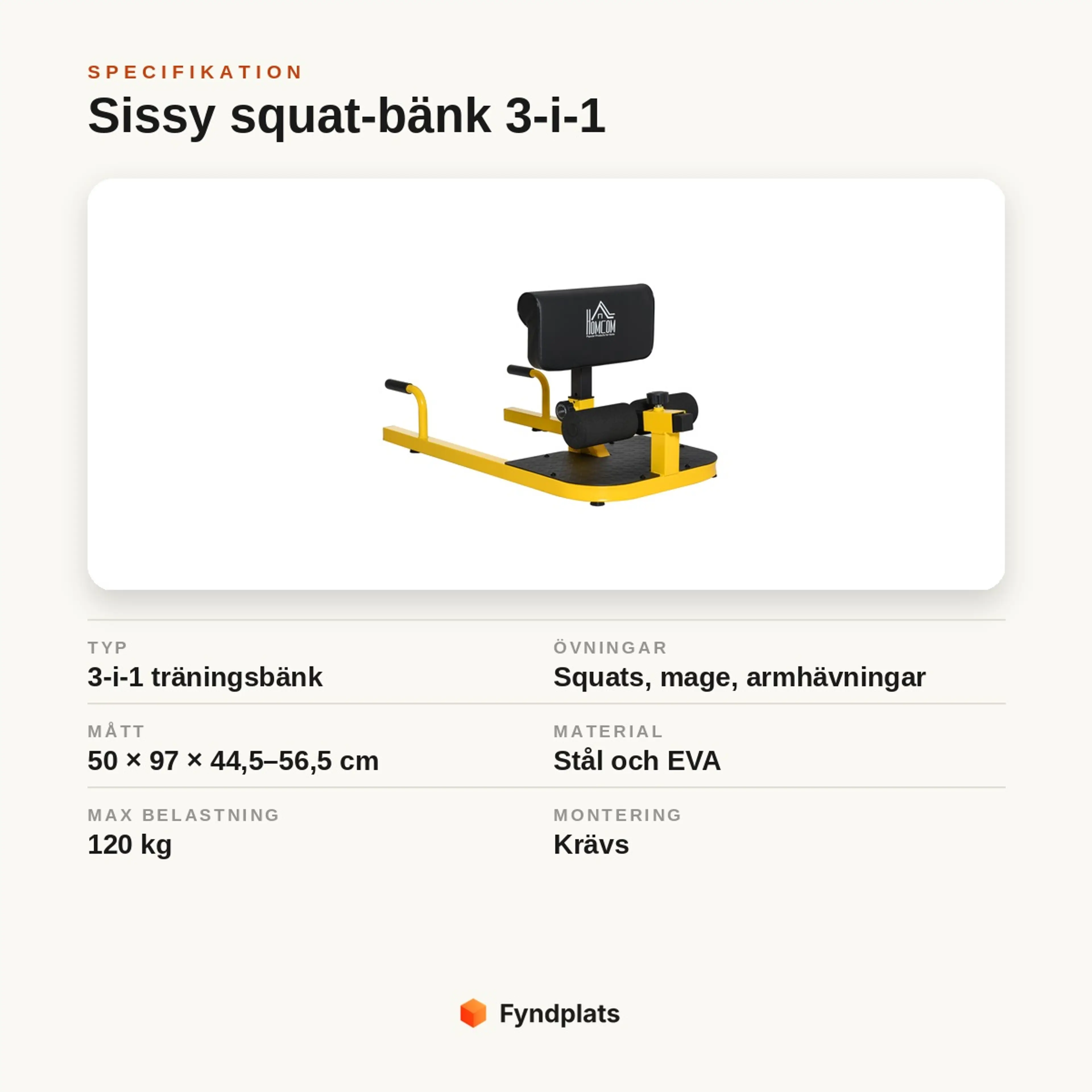 Specifikationskort: sissy squat-bänk 3-i-1, mått 50 × 97 × 44,5–56,5 cm, stål och EVA, max 120 kg