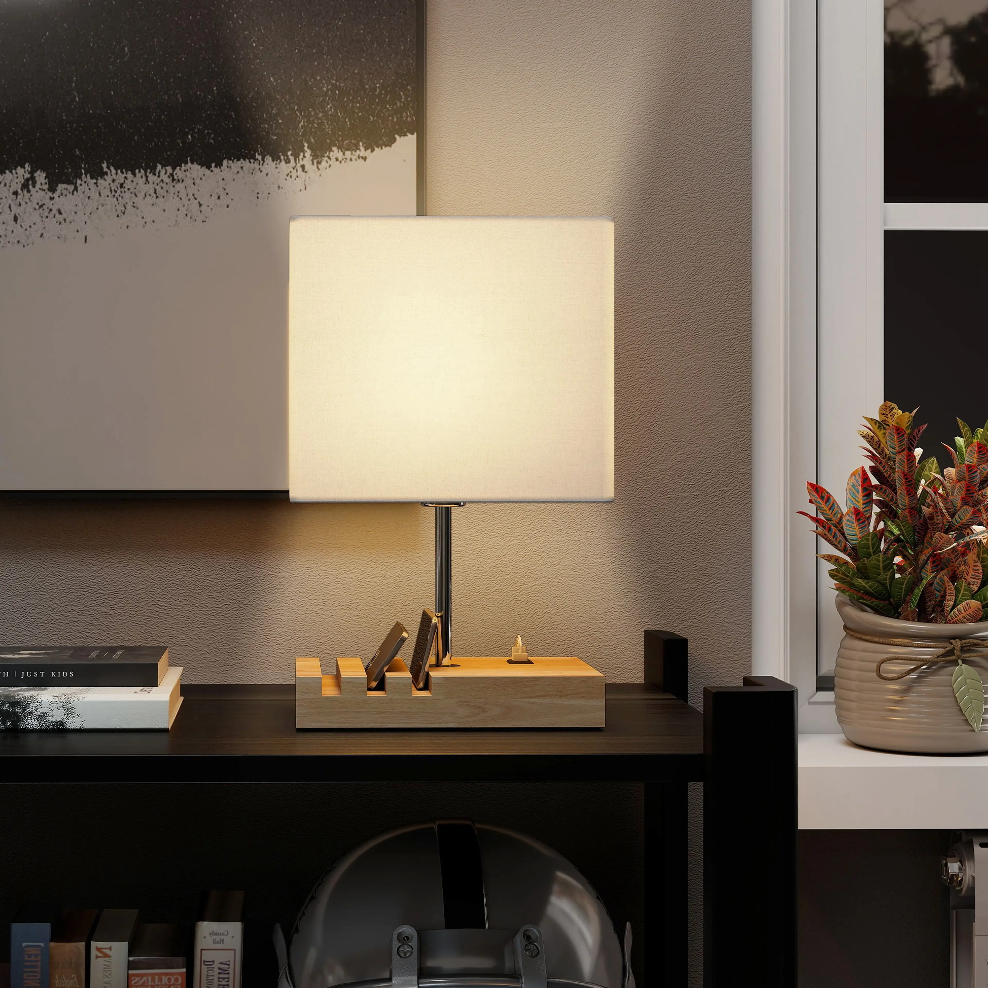 Bordslampa i trä med USB-A och USB-C – tre fack i foten, 40,5 cm – bild 6
