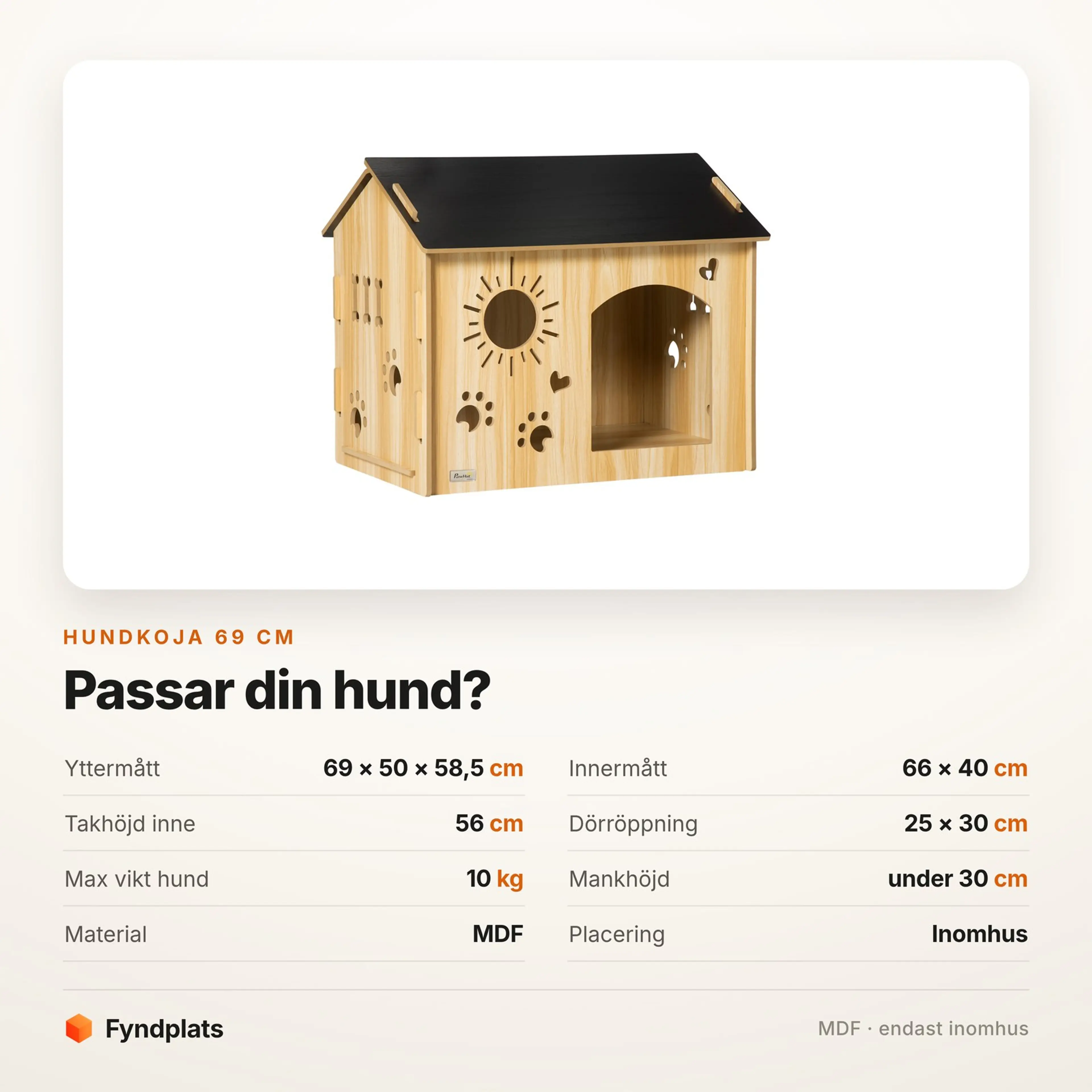 Faktakort: hundkoja 69 cm i MDF för inomhusbruk — mått och hundstorlek