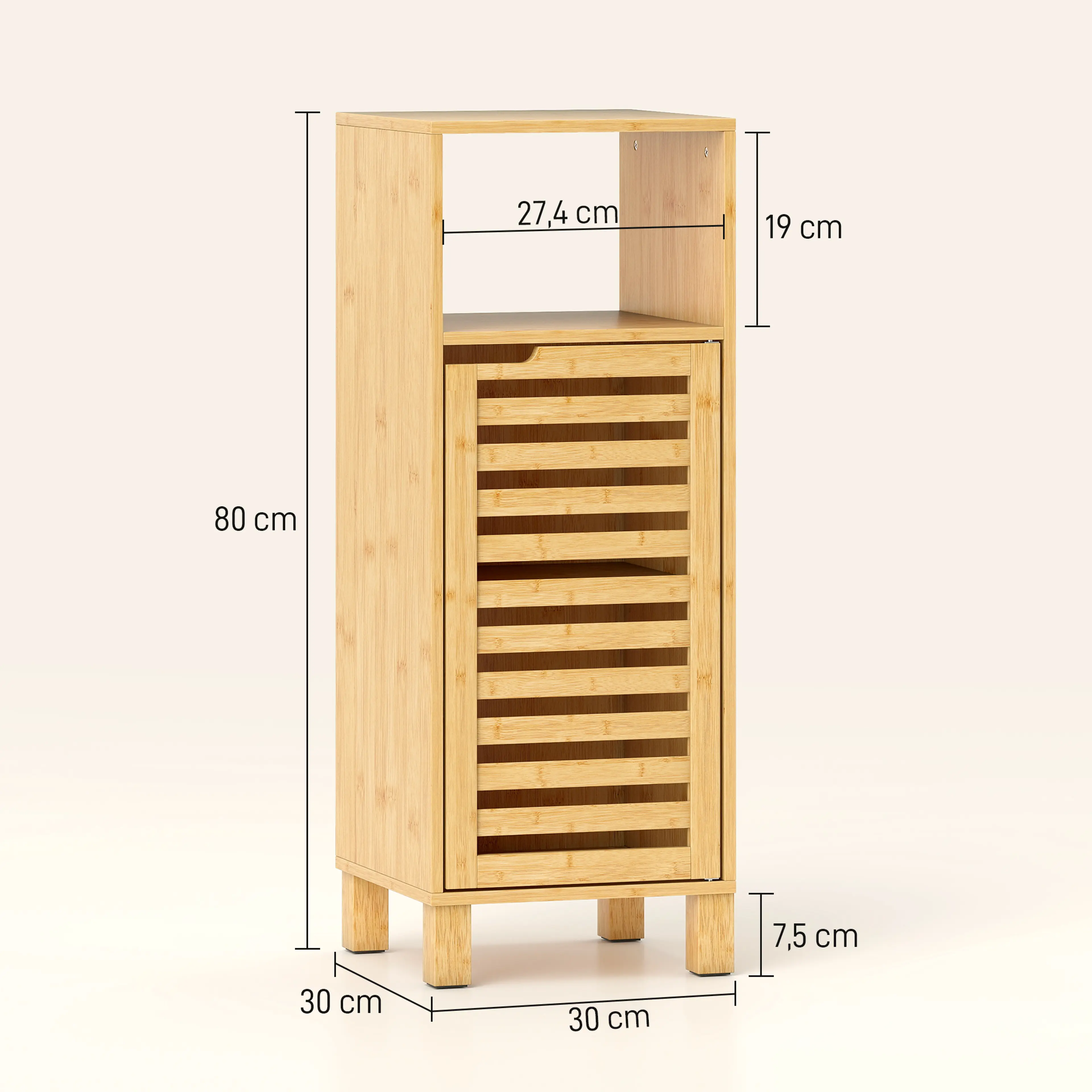 Måttbild: skåpet är 30 × 30 × 80 cm, det öppna facket 27,4 cm brett och 19 cm högt och benen 7,5 cm