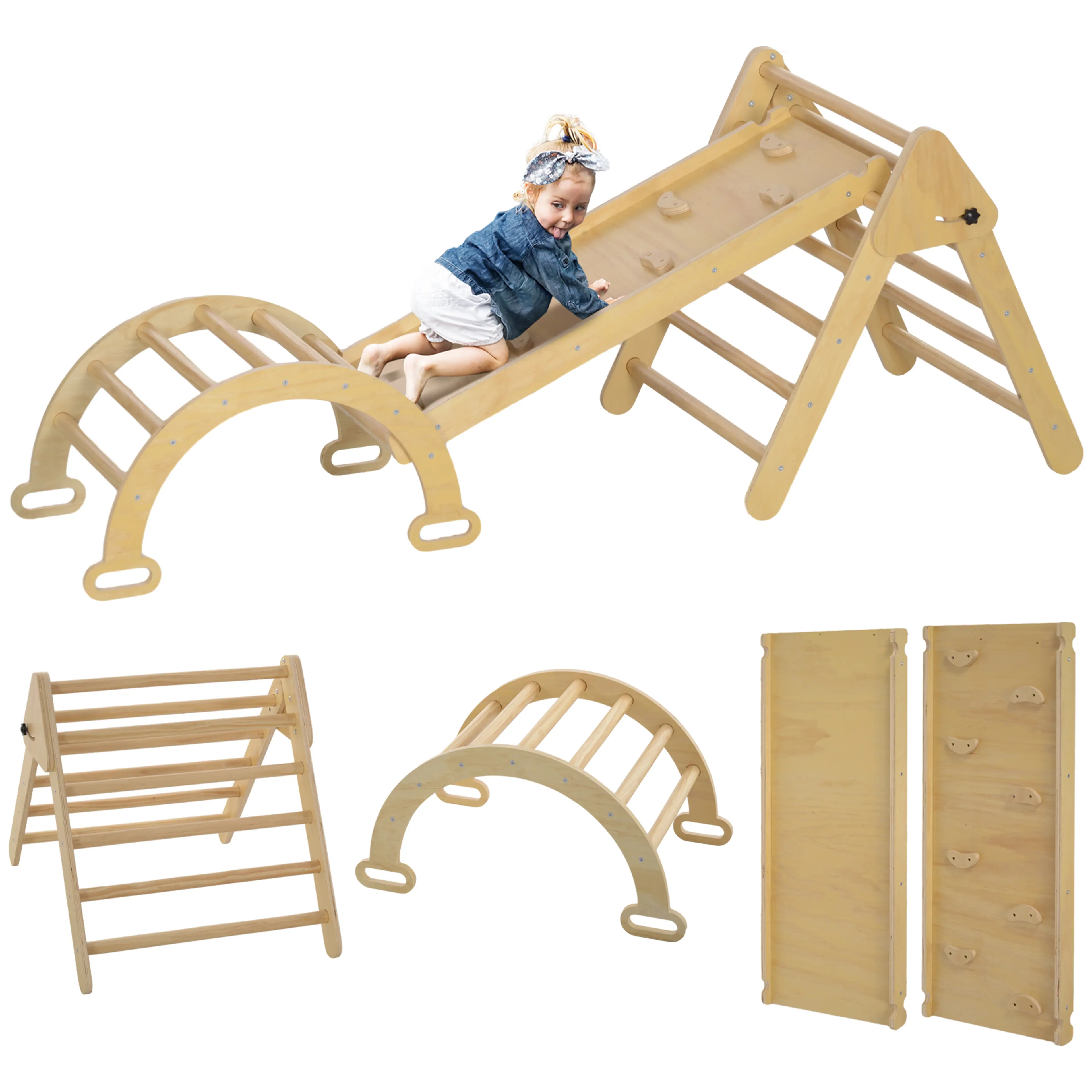 Klättertriangel för barn 5-i-1 – Montessori i naturträ, hopfällbar