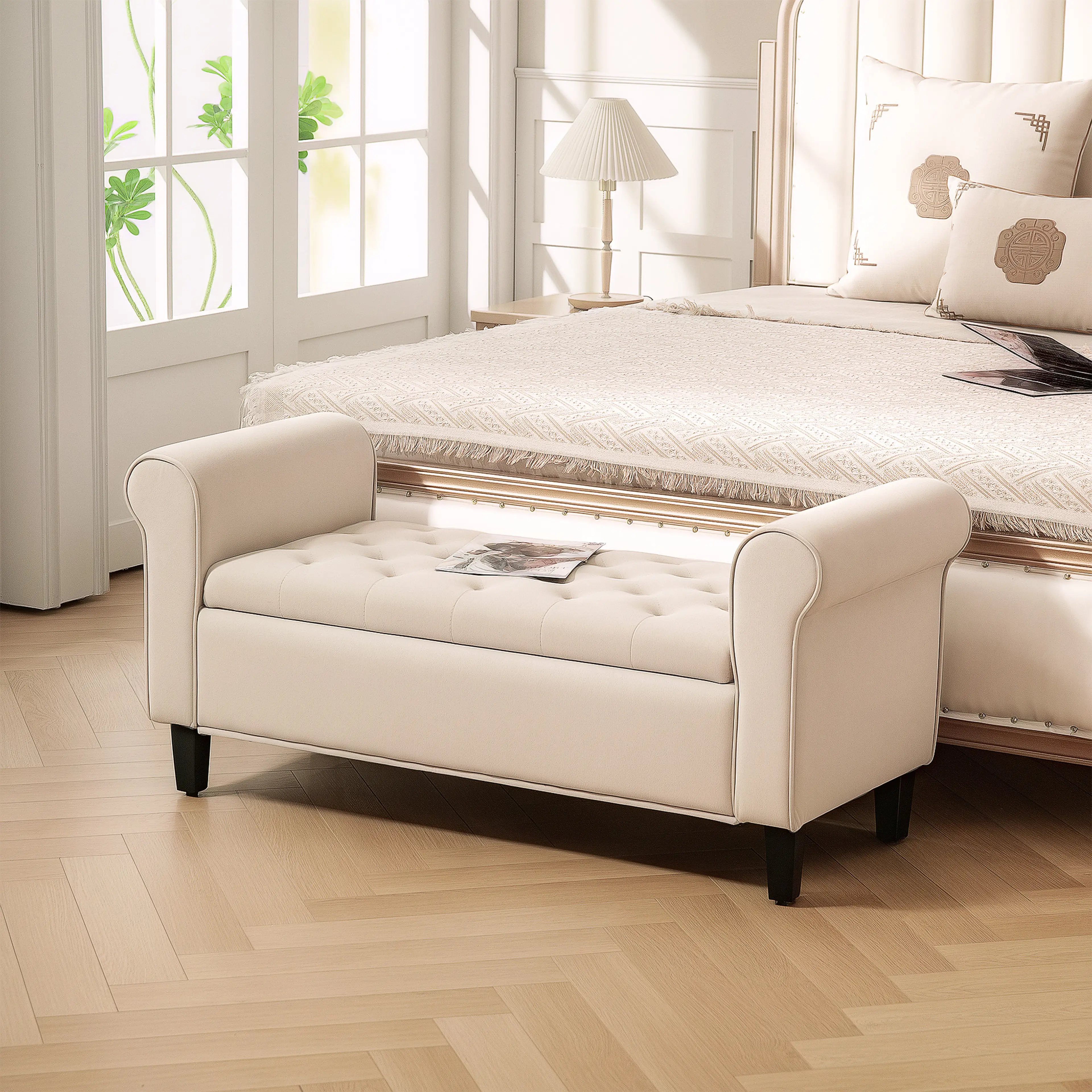 Sängbänk 126 cm med förvaring, beige – bild 2