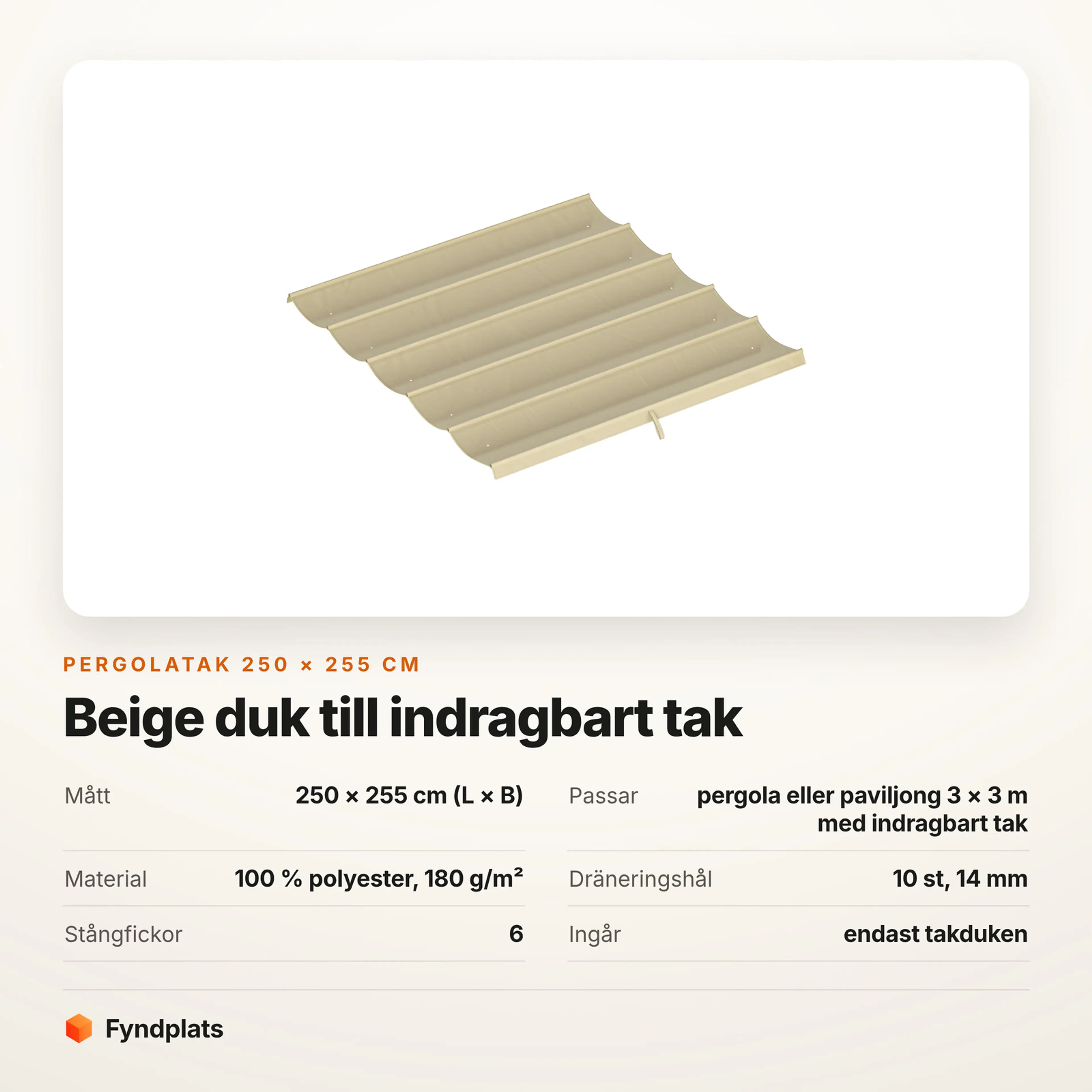 Faktakort för pergolataket i beige med mått, material, dräneringshål och vad som ingår