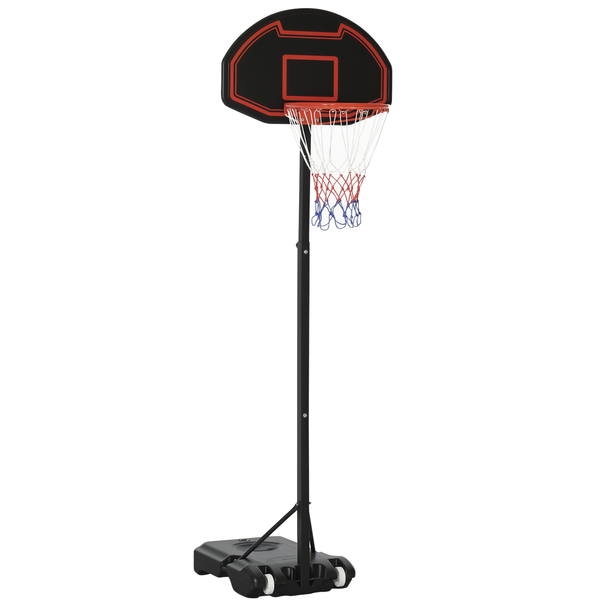 Basketställning med svart ryggplatta med röda kantlinjer, röd ring med blått och vitt nät, svart stolpe och en svart fot med hjul, mot vit bakgrund