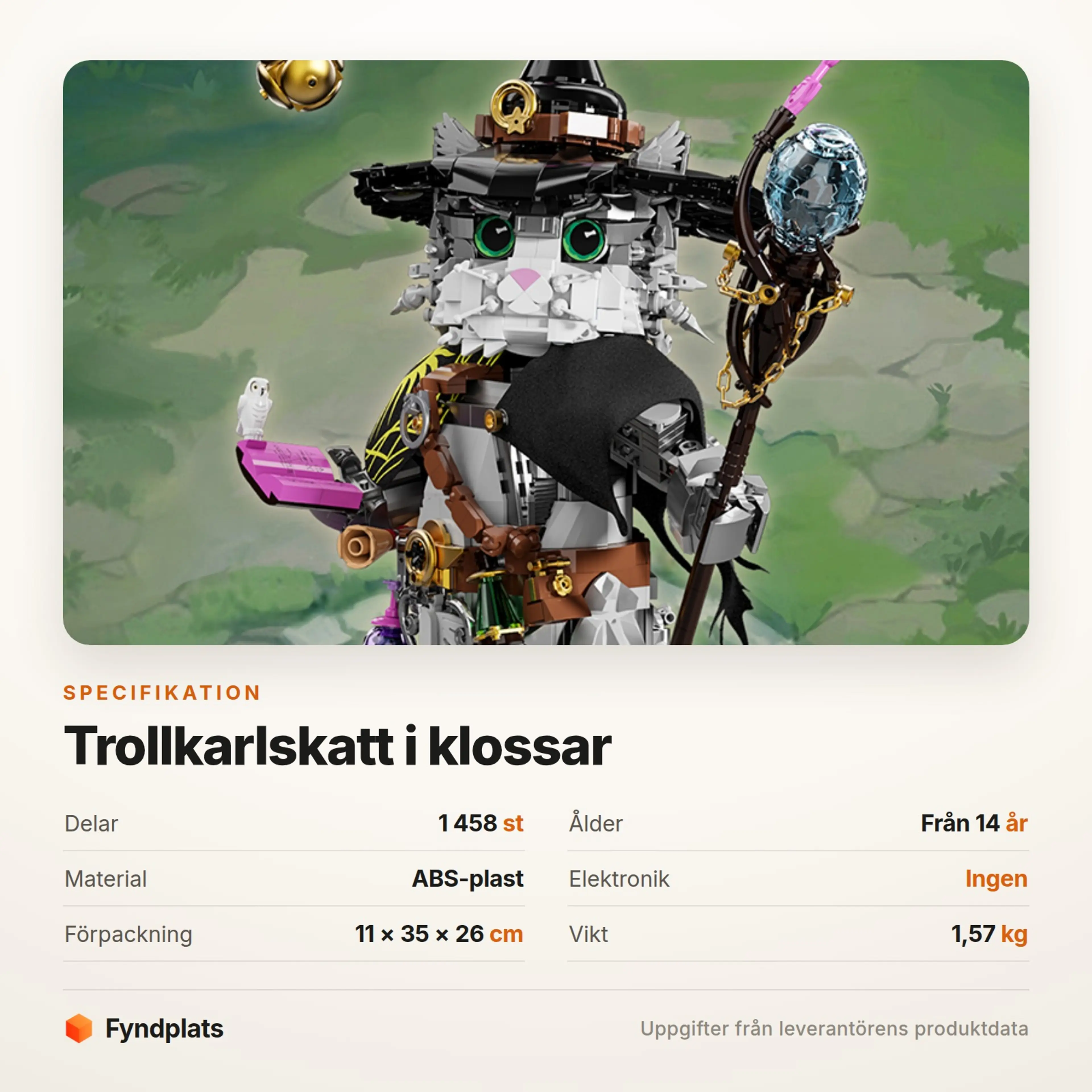 Fyndplats-kort med specifikationer: 1 458 delar, ABS-plast, från 14 år och ingen elektronik