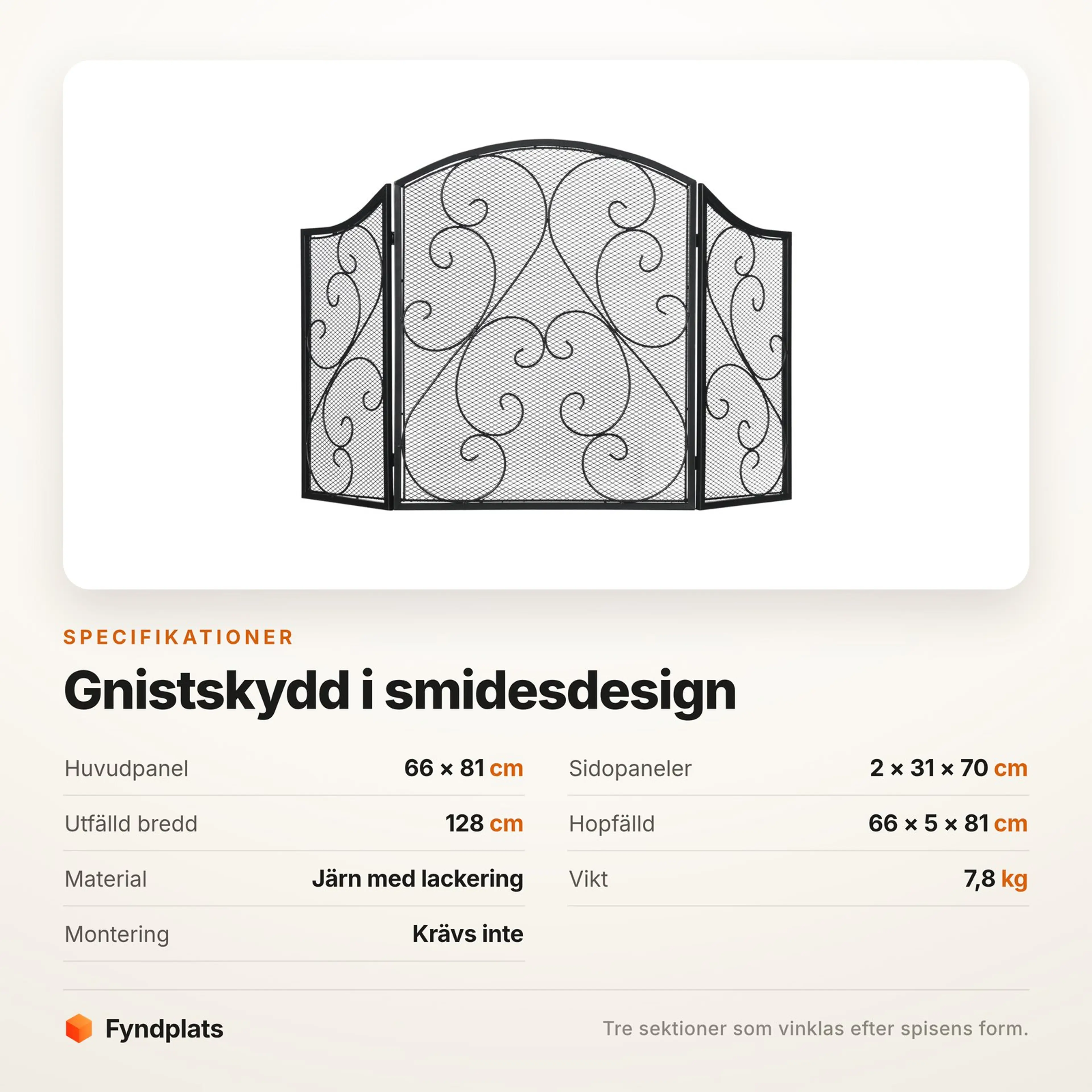 Specifikationer för gnistskyddet: panelmått, utfälld bredd, material och vikt