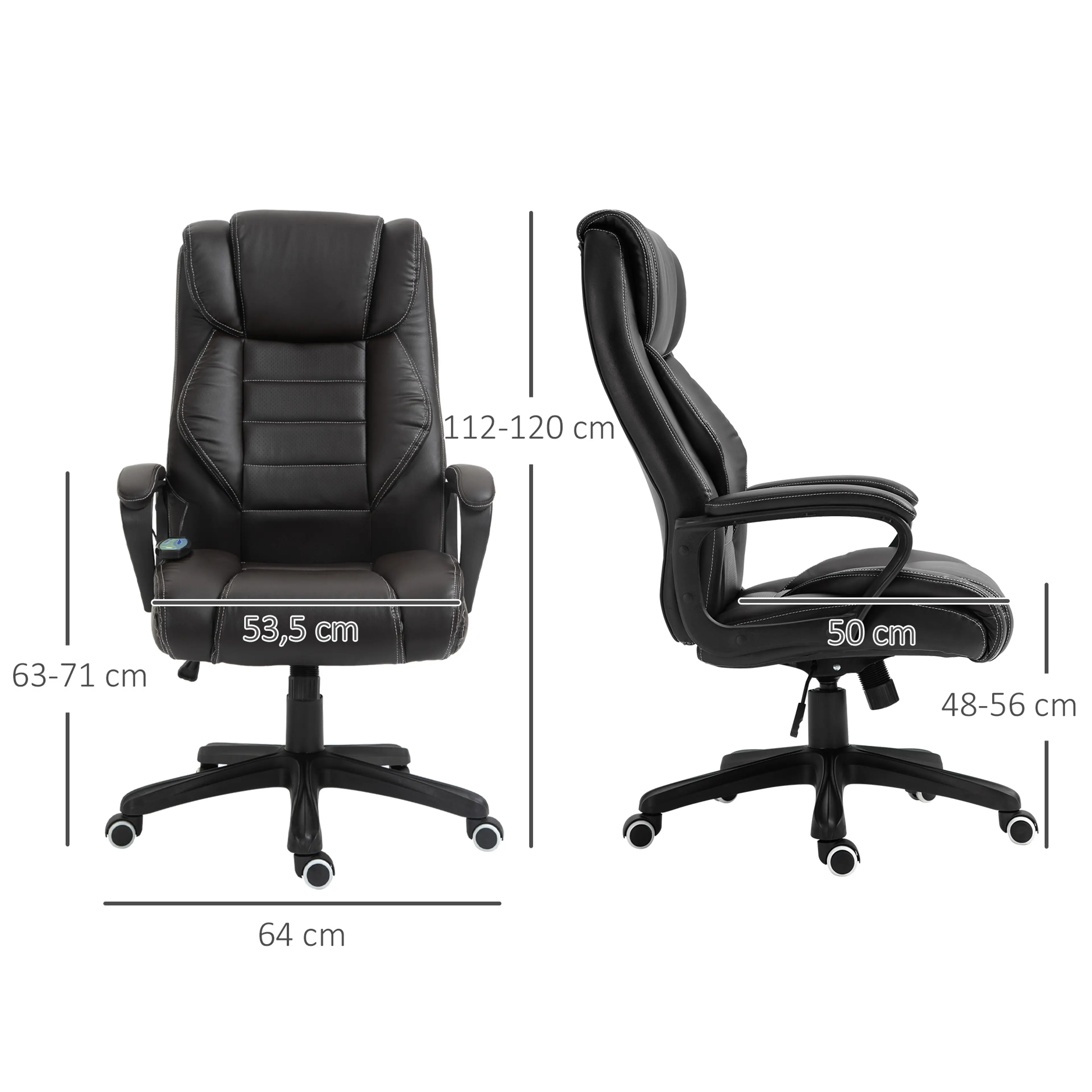 Måttritning med bredd 64 cm, höjd 112–120 cm, sitsbredd 53,5 cm och sitthöjd 48–56 cm