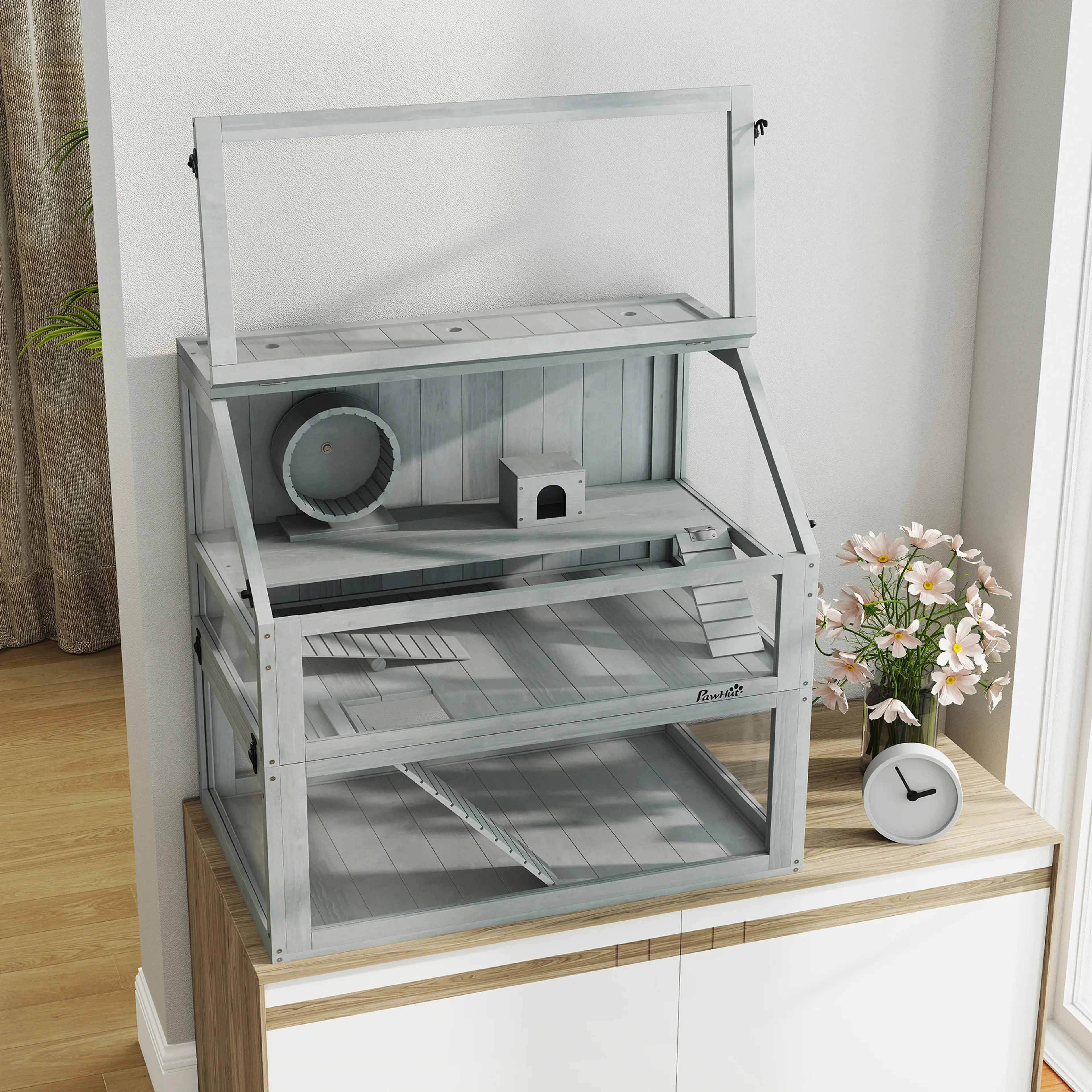 Hamsterbur i trä med 31 cm djup bädd och tre plan, ljusgrå – bild 3