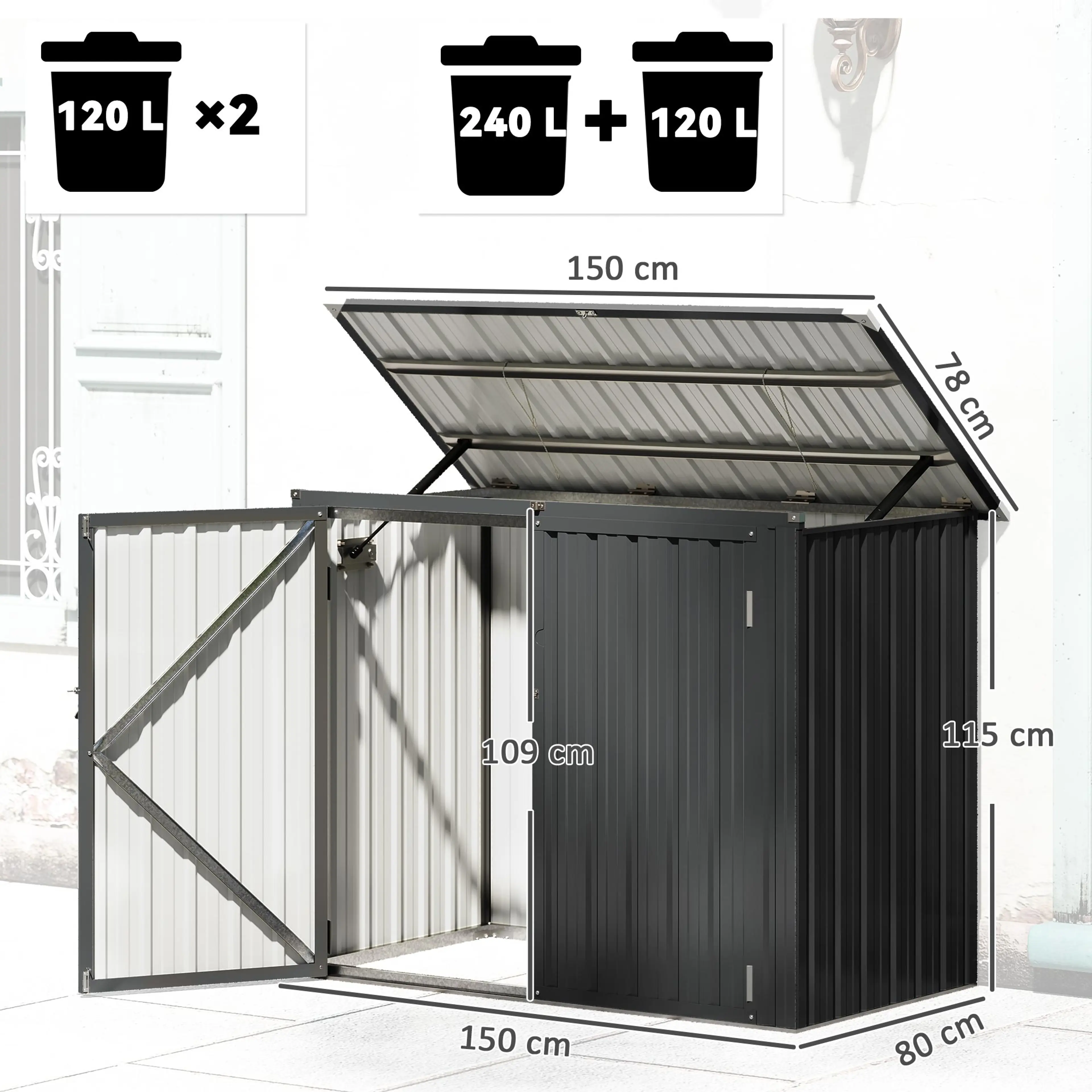Måttskiss: 150 × 80 cm, dörröppning 109 cm och kapacitet 2 × 120 L eller 240 + 120 L