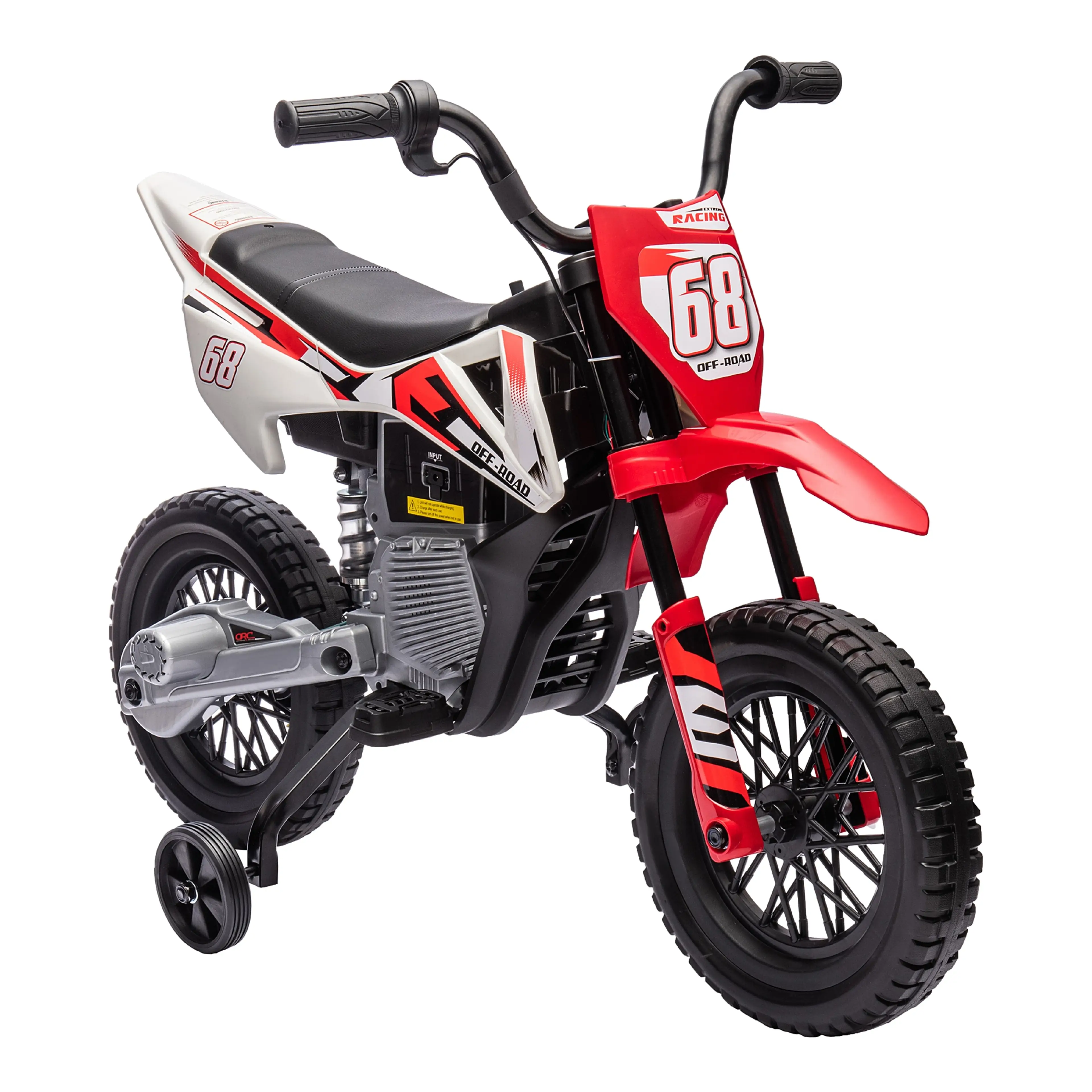Elmotorcykel barn 12 V – 2,4–5 km/h, stödhjul och fjädring, från 3 år