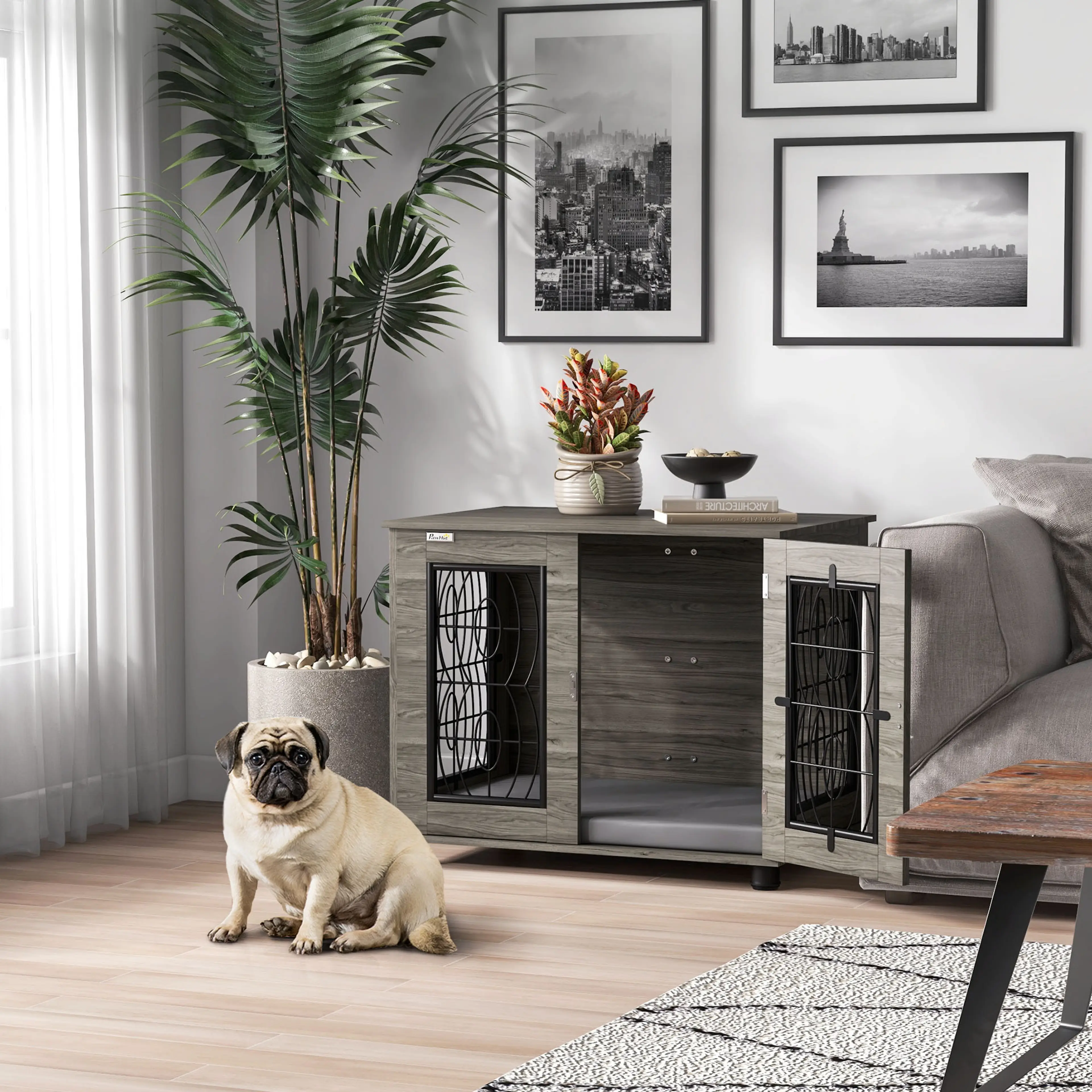Hundbur 80 cm som sidobord i ett vardagsrum med en mops framför
