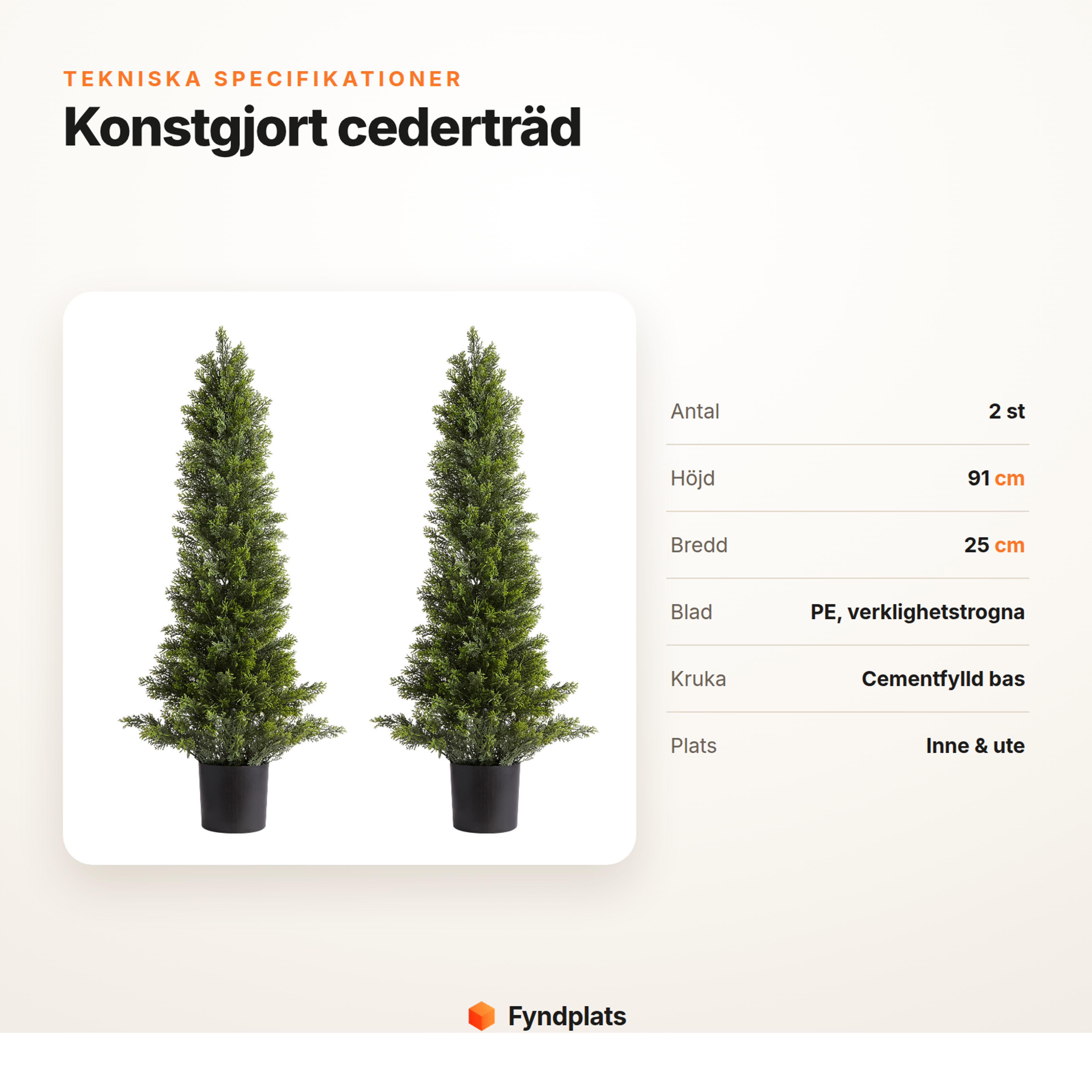 Specifikationer för konstgjort cederträd: 2-pack, höjd 91 cm, PE-blad och cementfylld kruka