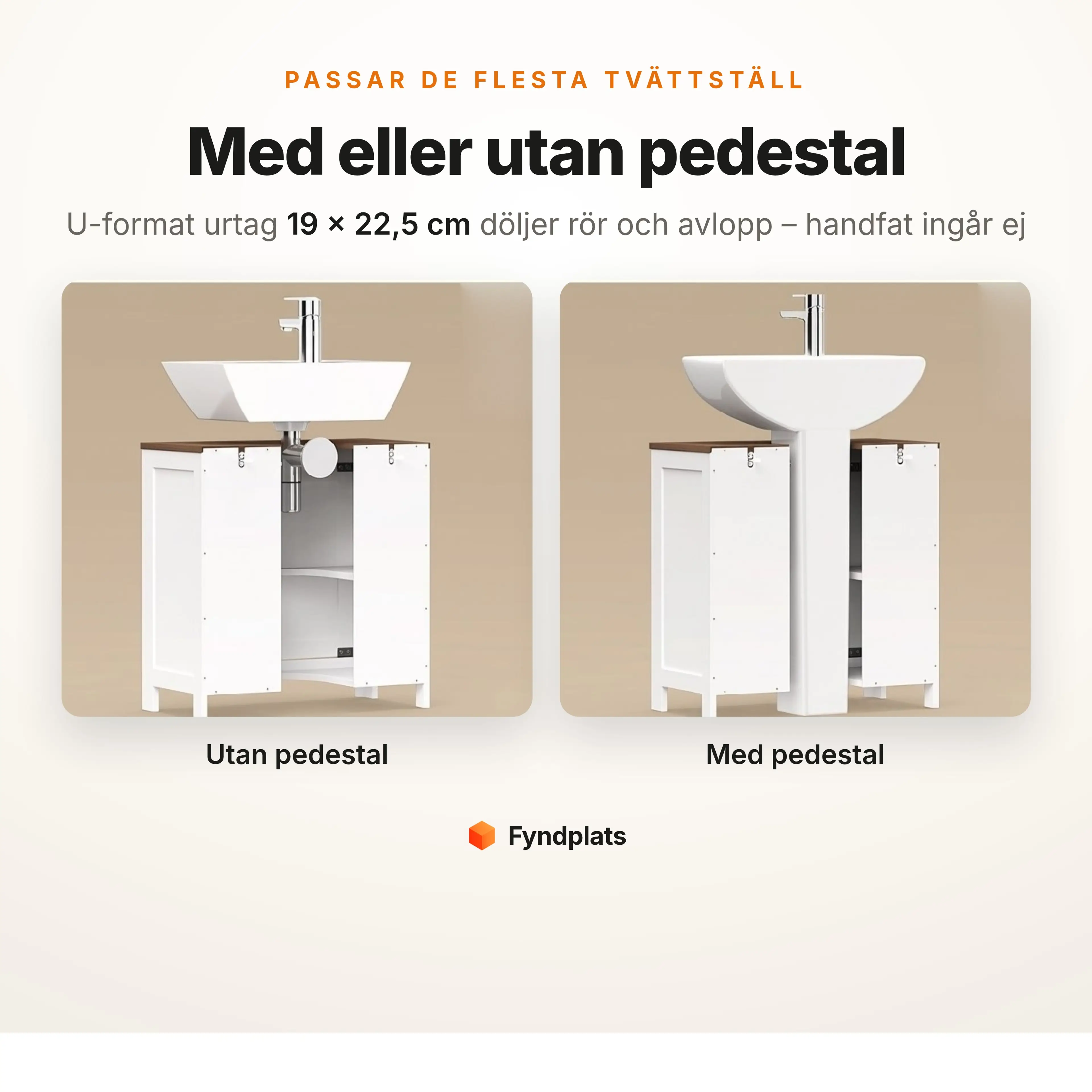 Tvättställsskåpet passar tvättställ med eller utan pedestal – U-format urtag 19 × 22,5 cm, handfat ingår ej