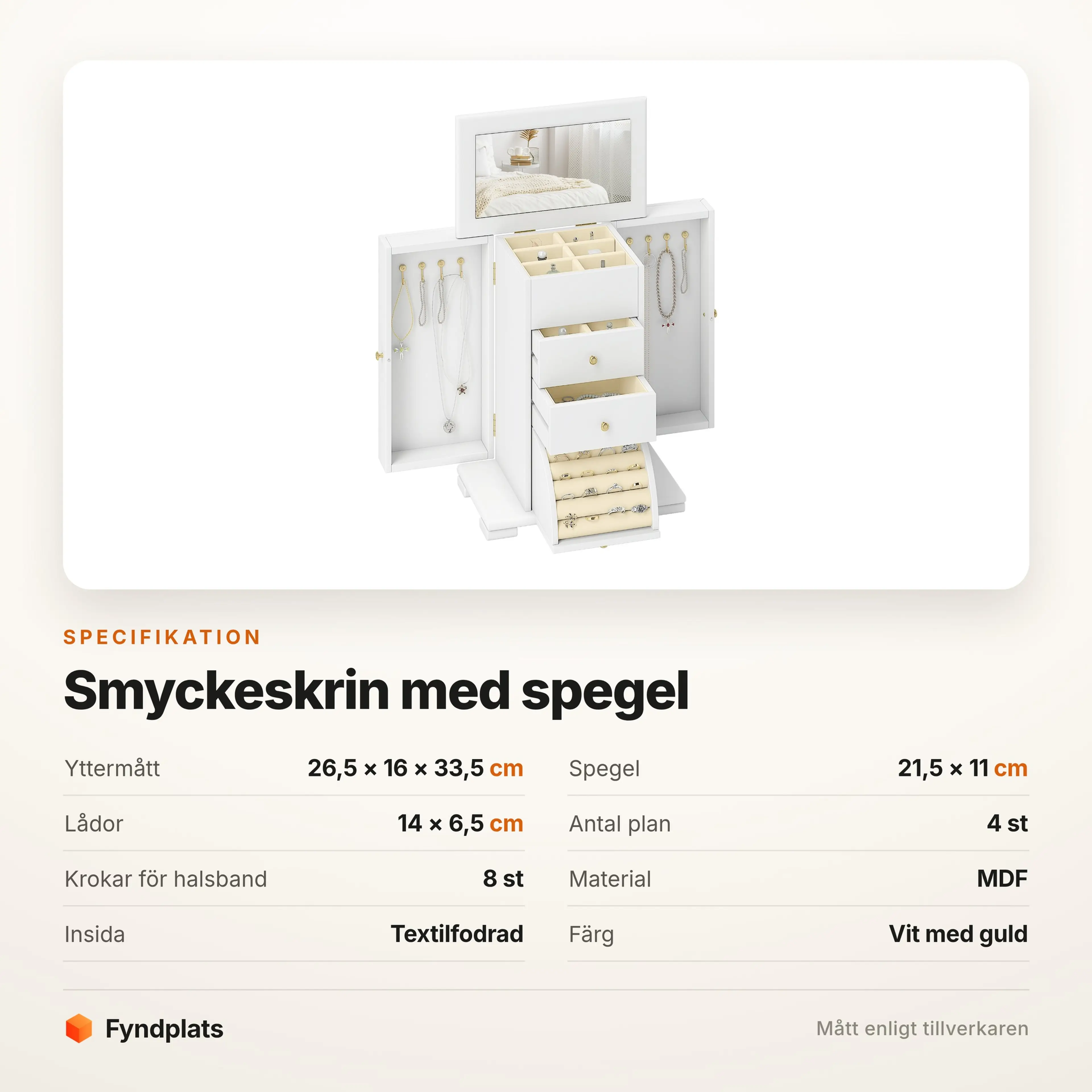 Specifikation för smyckeskrin med spegel: 26,5 × 16 × 33,5 cm
