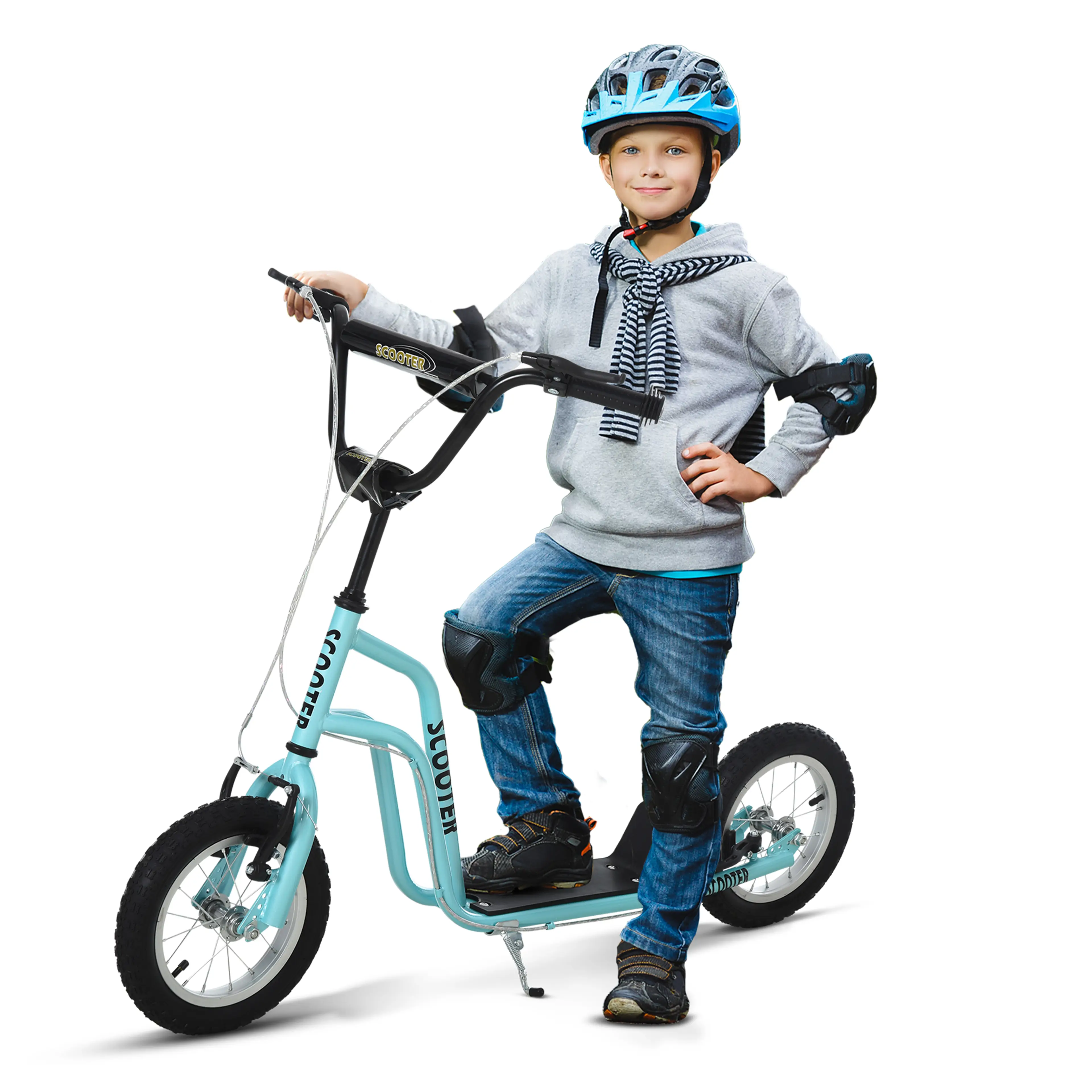 Turkos sparkcykel för barn med lågt styre och pojke i hjälm
