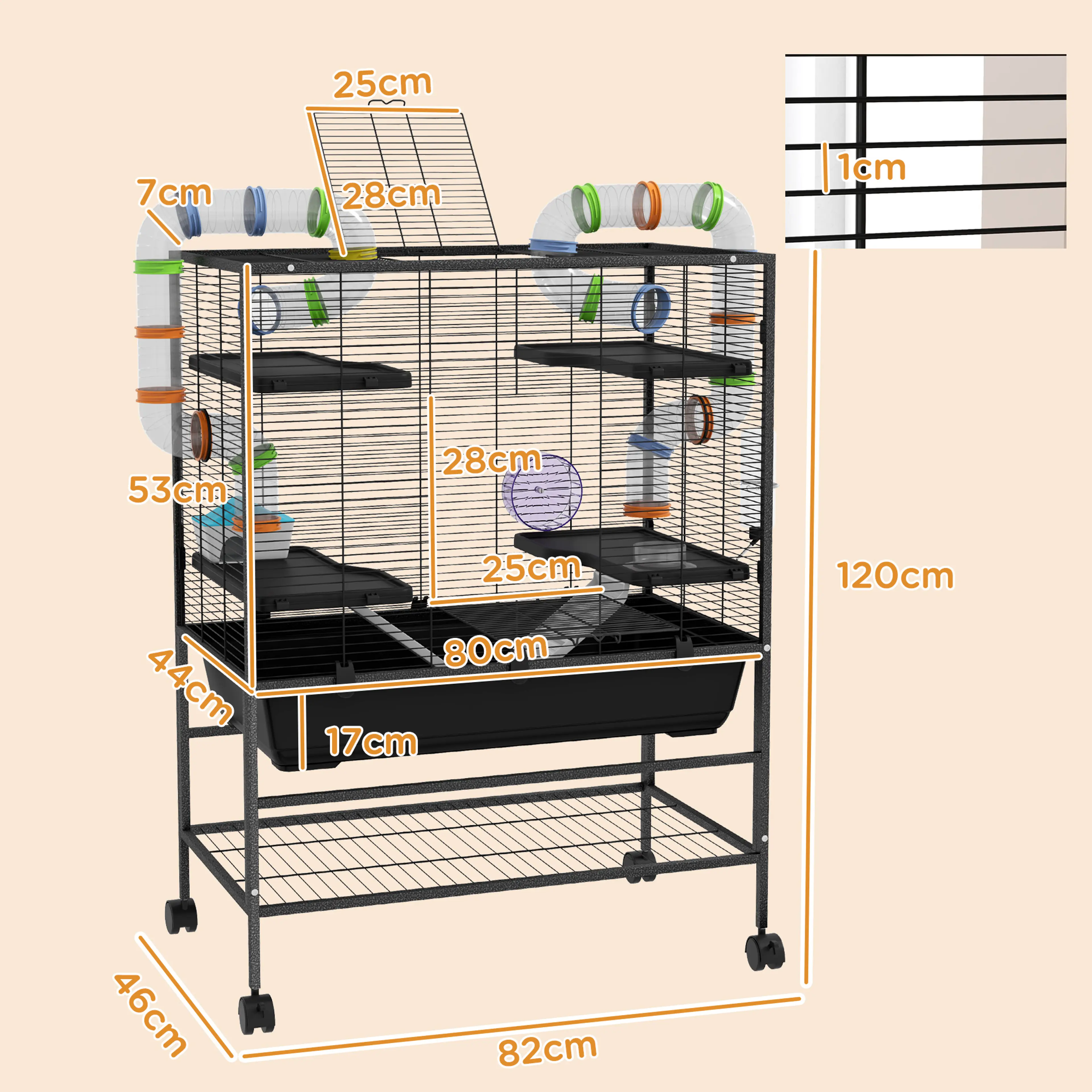 Måttskiss: 82 cm bred, 46 cm djup och 120 cm hög med stativ