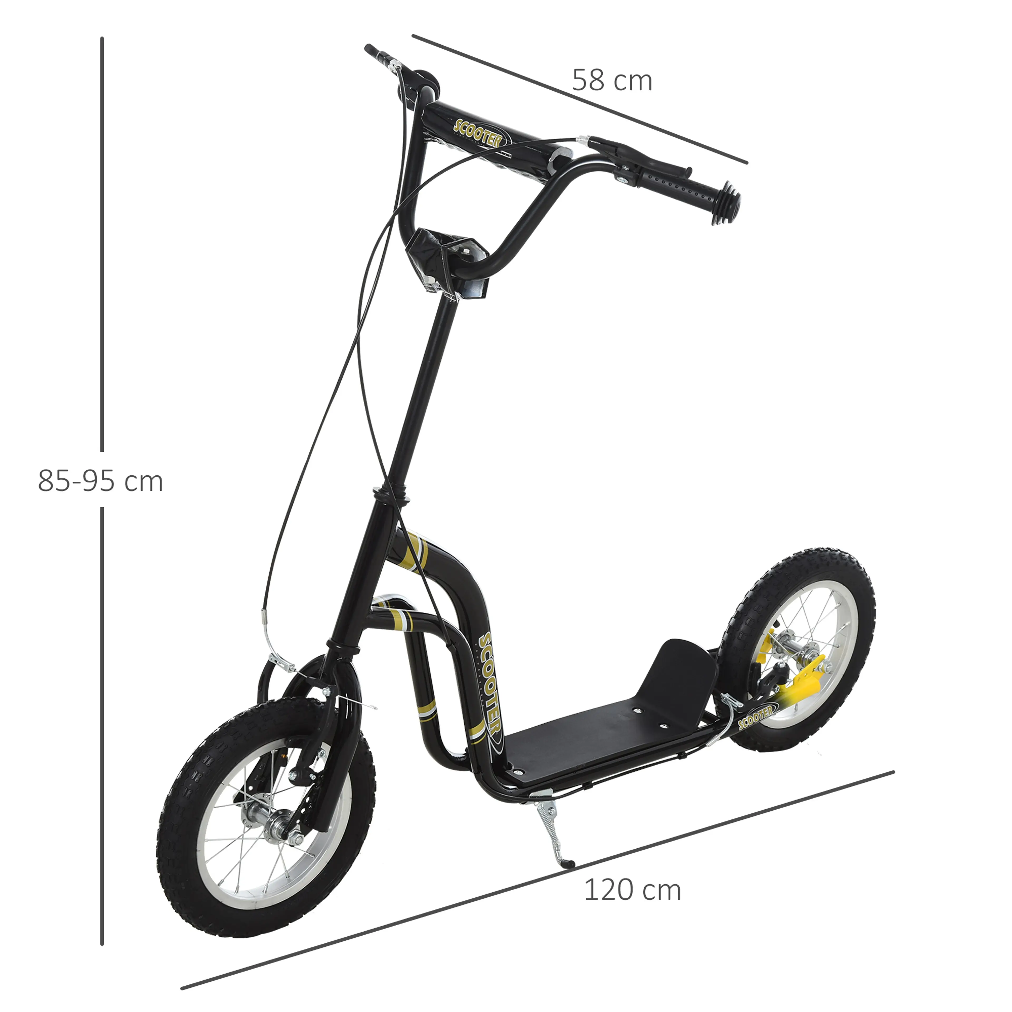 Måttskiss: 120 cm lång, 58 cm bred och styre som ställs mellan 85 och 95 cm