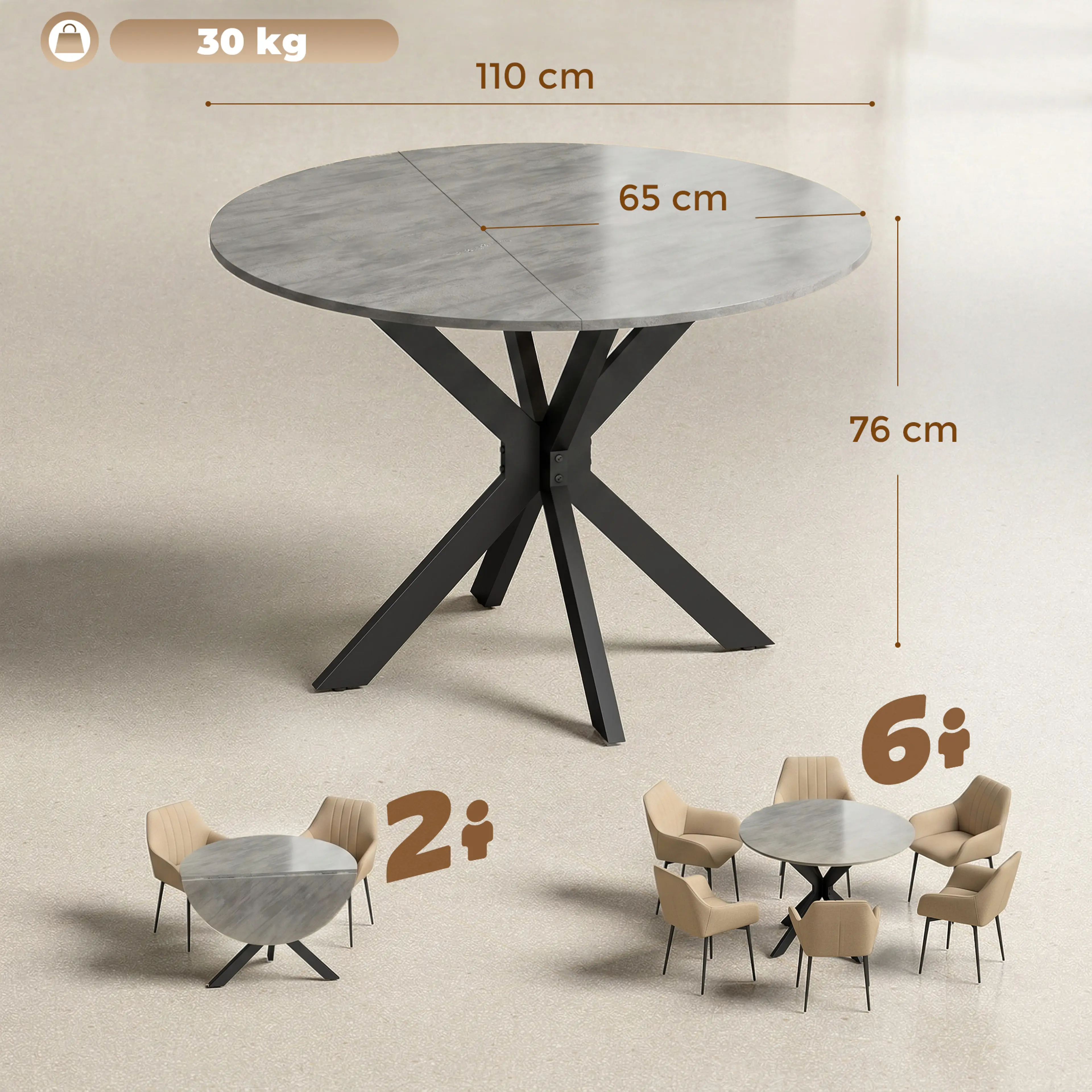 Måttskiss: 110 cm i diameter, 65 cm hopfälld och 76 cm hög