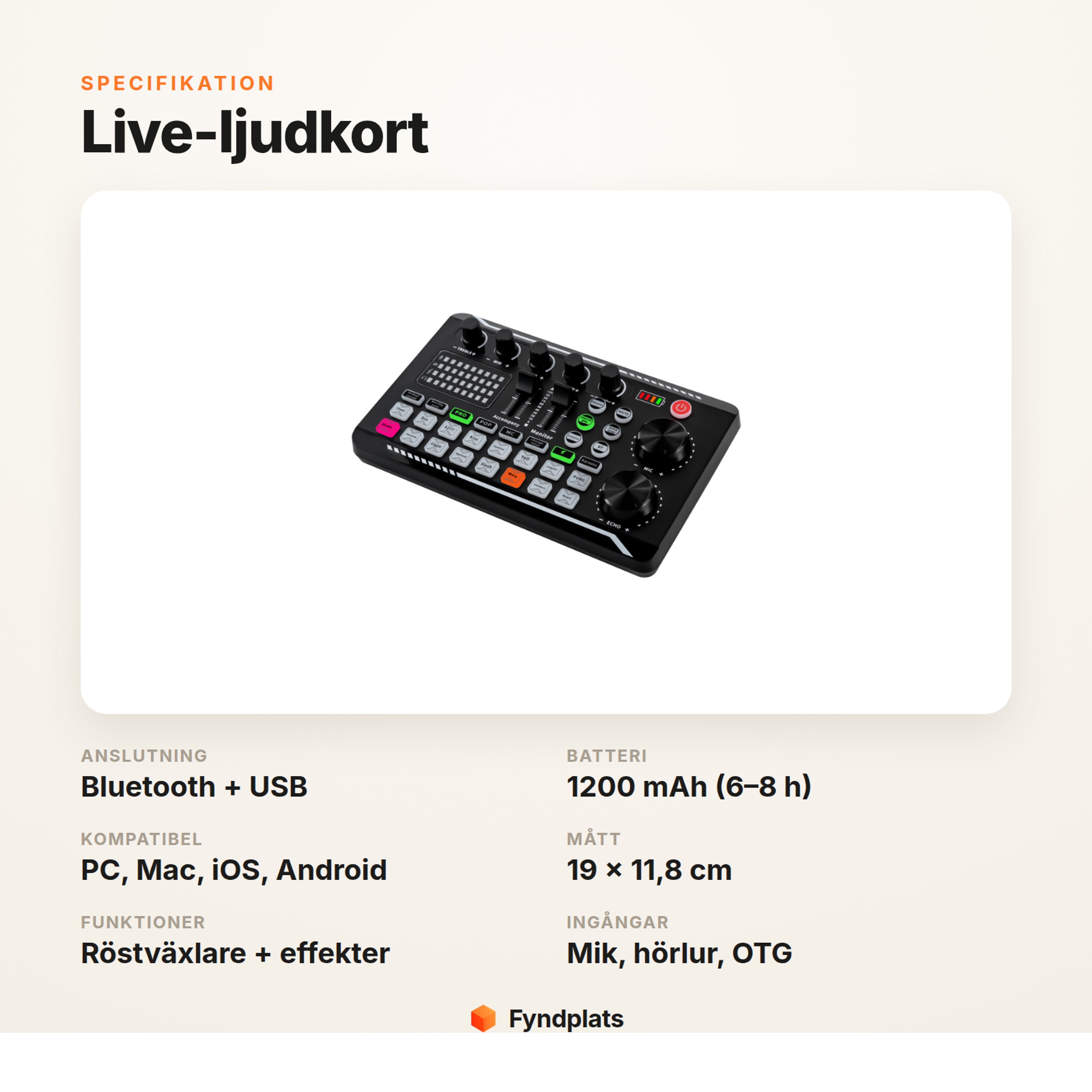 Specifikation för live-ljudkort – Bluetooth, 1200 mAh batteri och stöd för PC och mobil