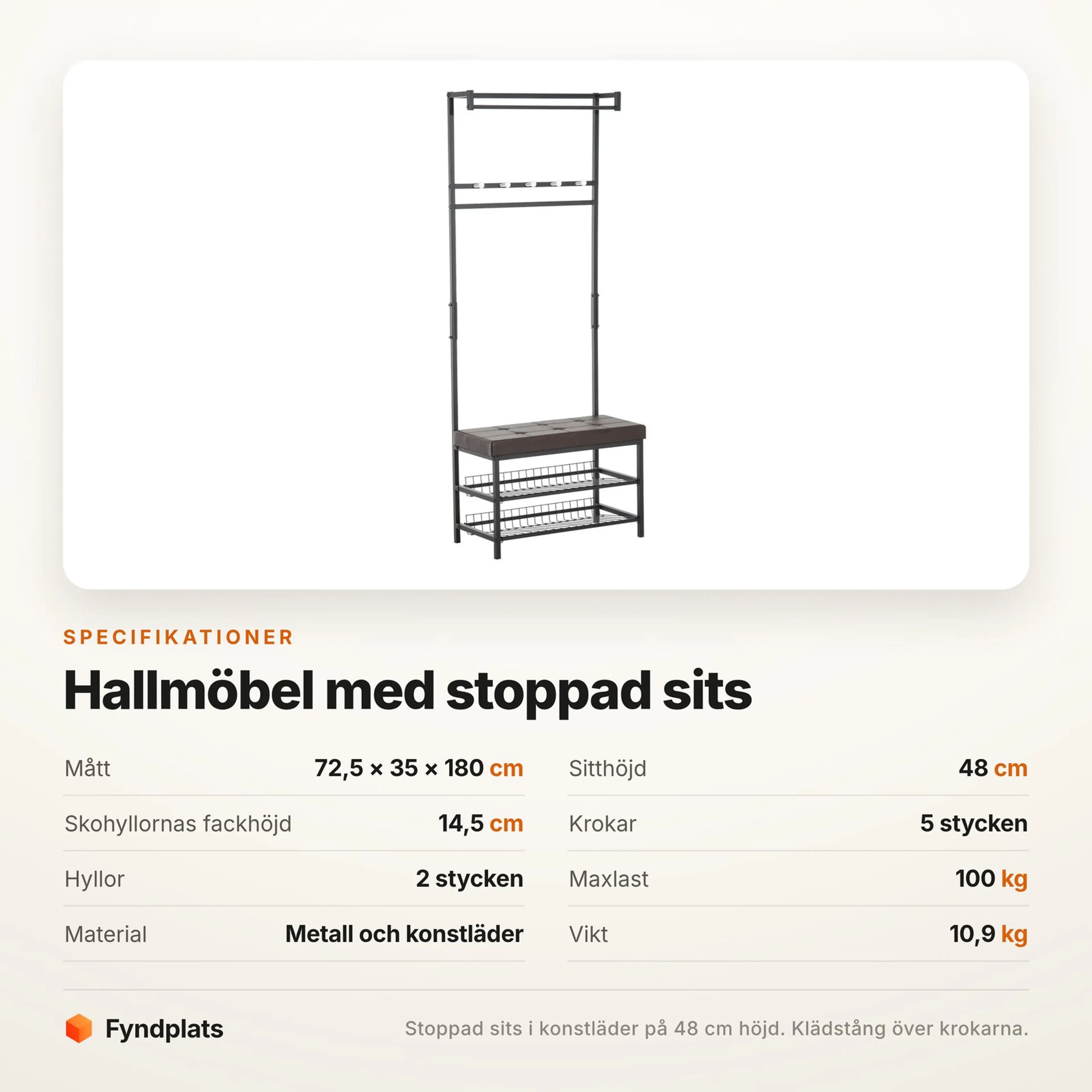 Fyndplats specifikationskort med hallmöbelns mått, sitthöjd och maxlast