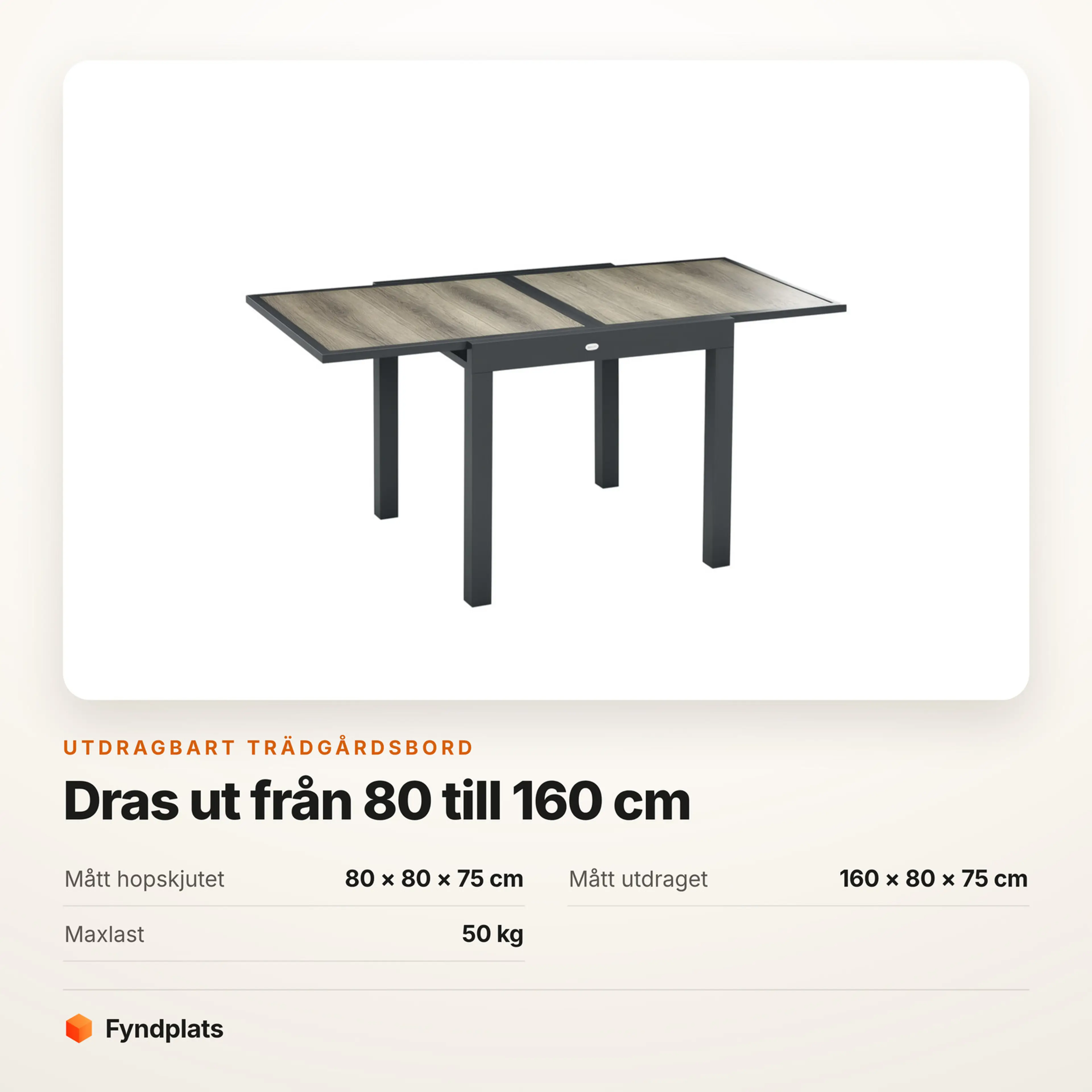 Faktakort: dras ut från 80 till 160 cm, 80 cm djupt och 75 cm högt, maxlast 50 kg