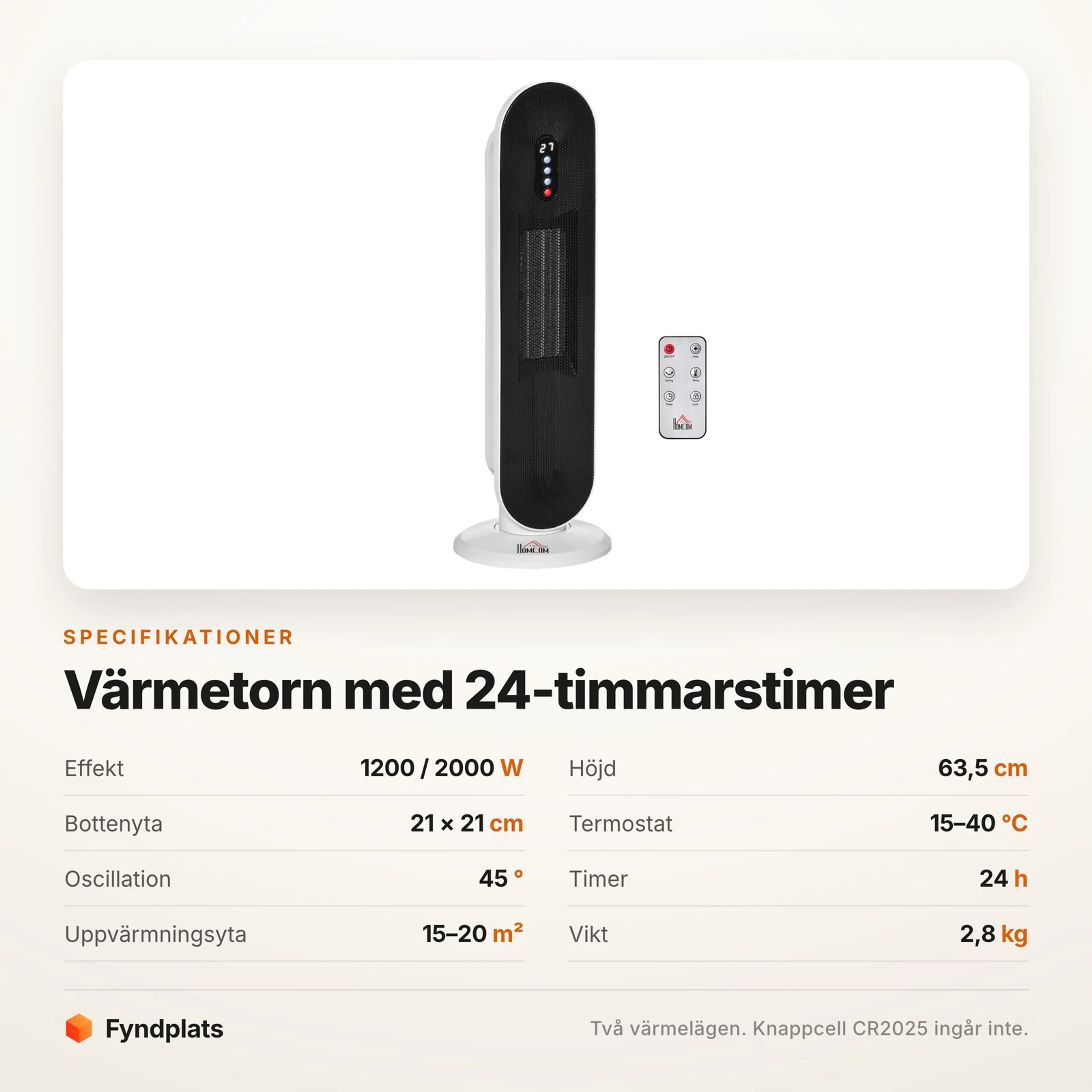 Specifikationer för värmefläkten: effekt, mått, termostat och timer