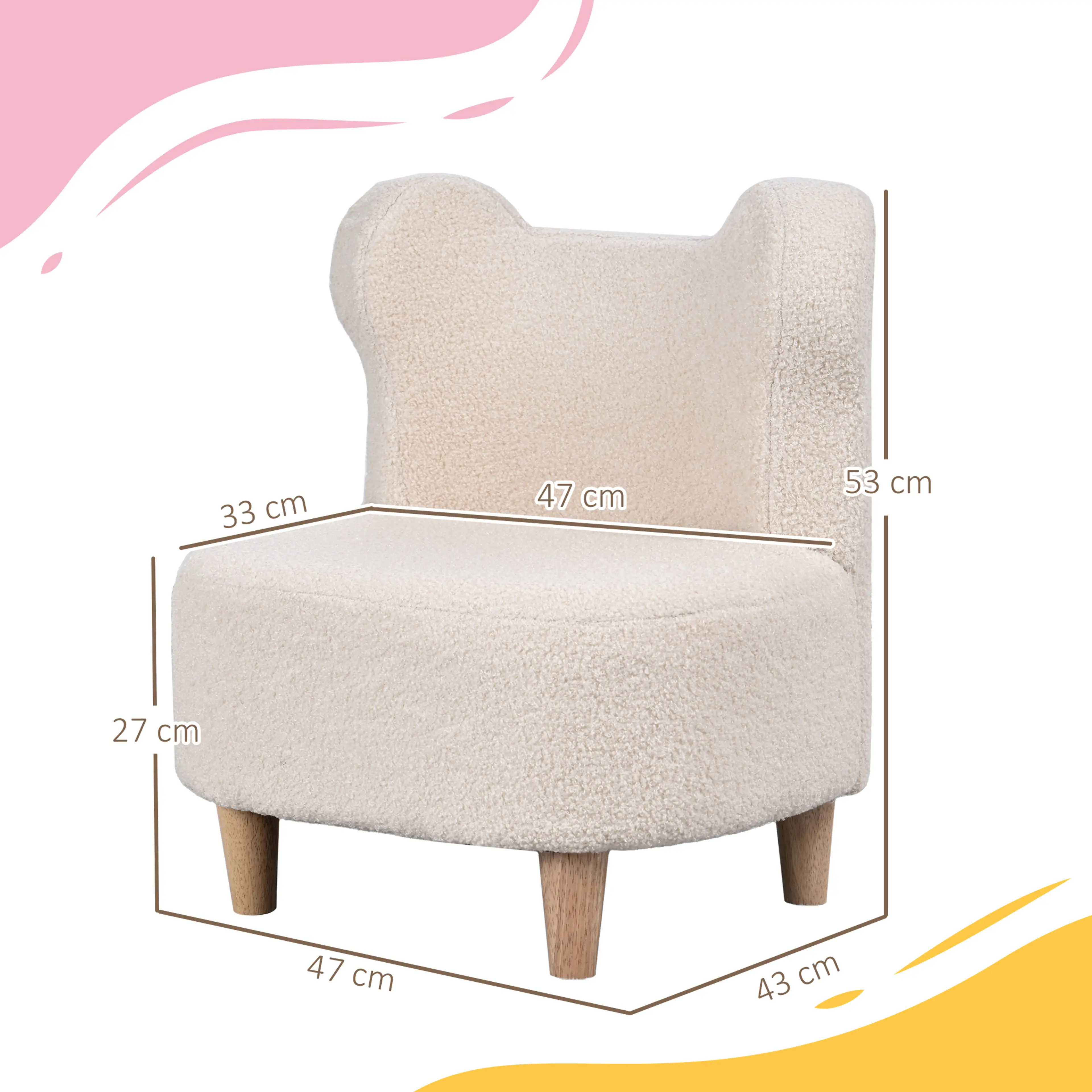 Måttskiss över barnfåtöljen: 47 cm bred, 43 cm djup, 53 cm hög, sits 27 cm