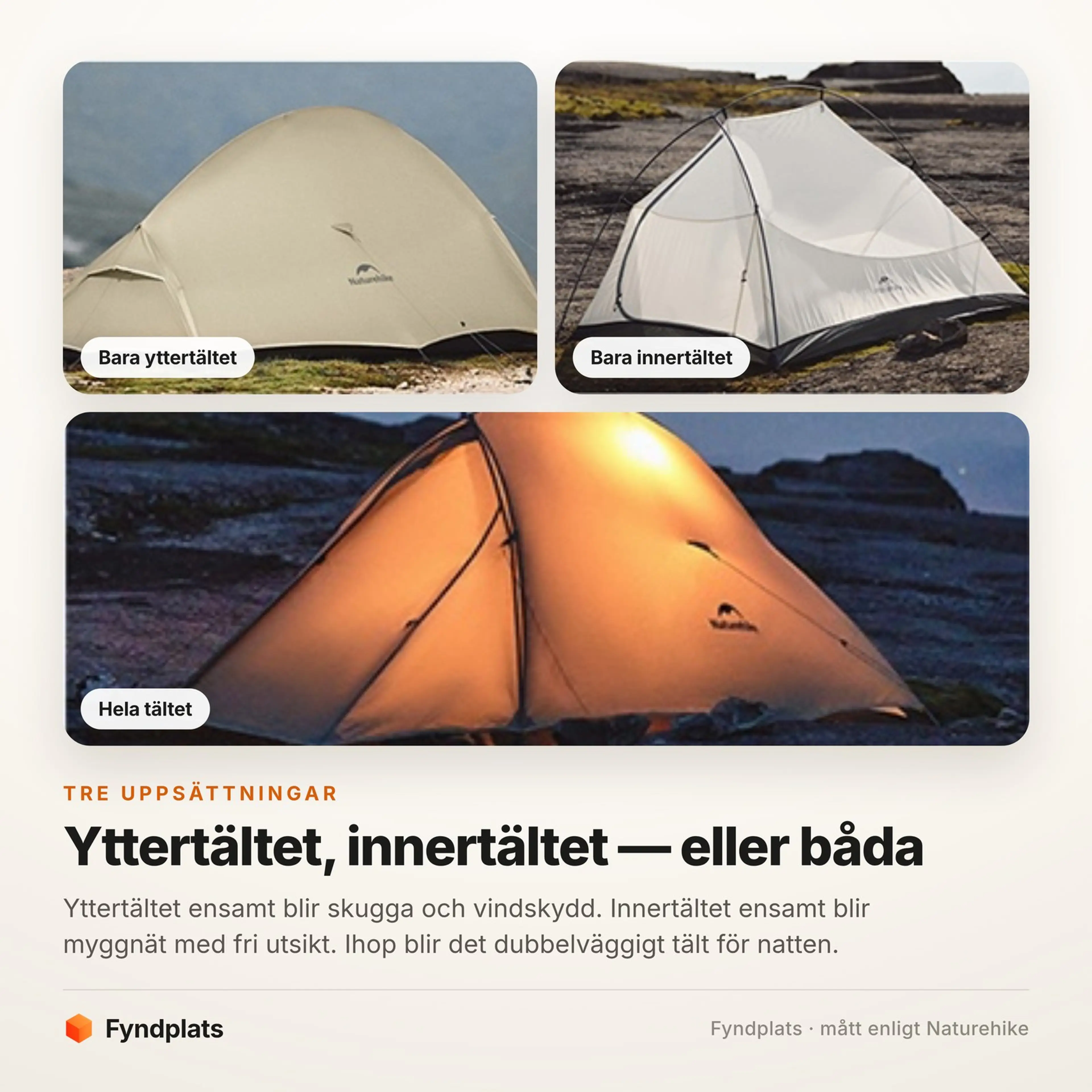 Tre uppsättningar av tältet: bara yttertältet som vindskydd, bara innertältets myggnät och hela tältet upplyst i skymningen