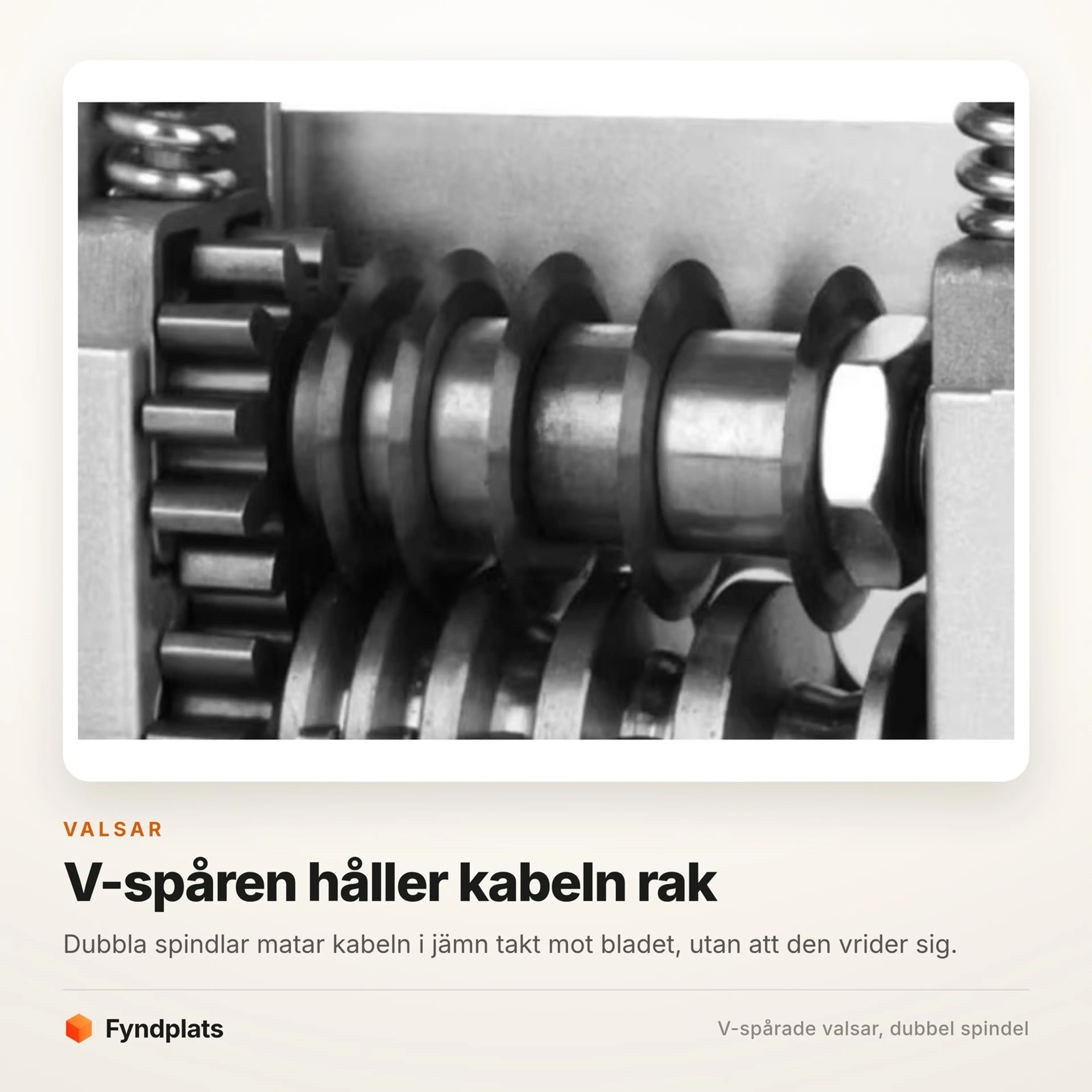 Fyndplats-kort: närbild på de V-spårade valsarna och kugghjulen inuti kabelskalaren
