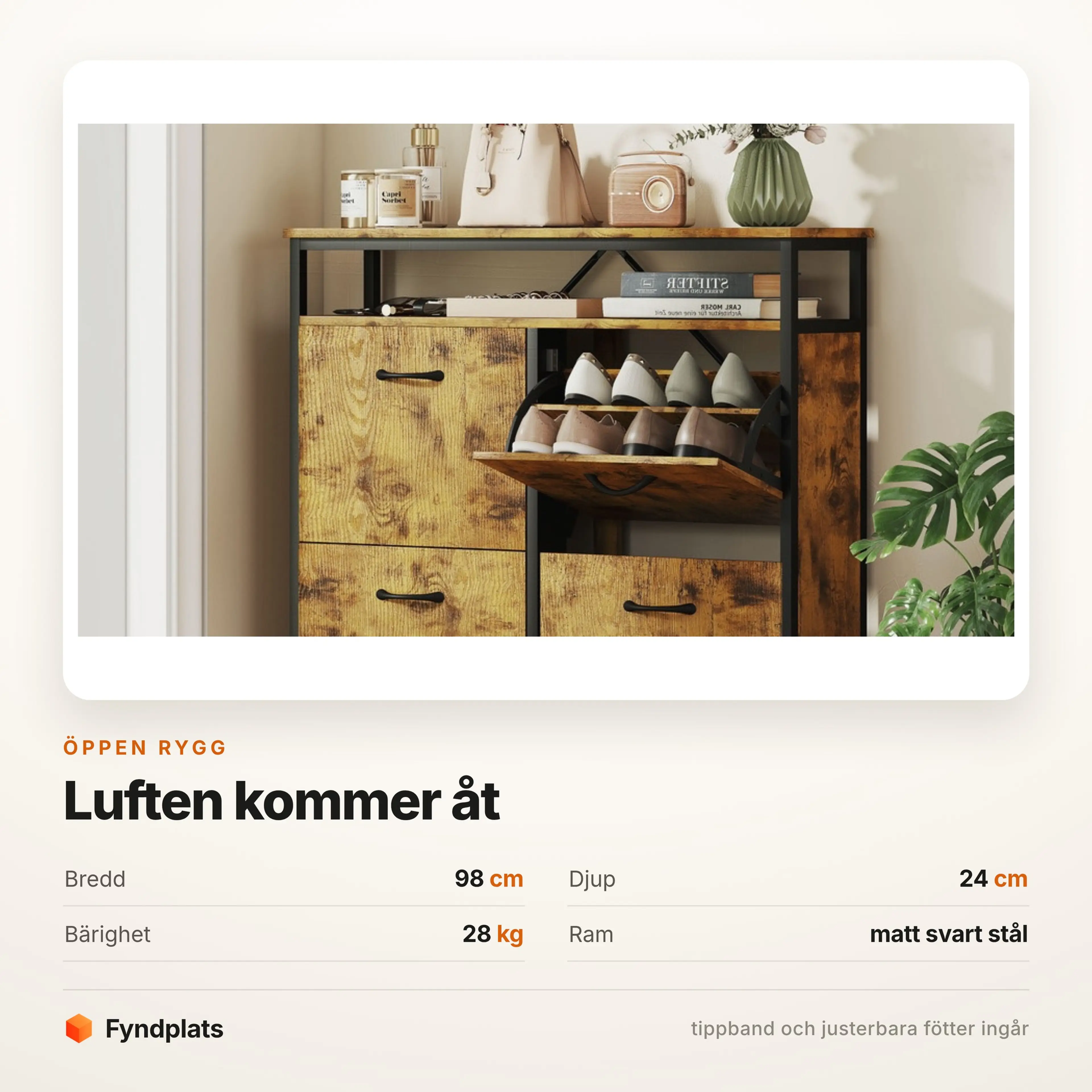 Skoskåp 98 cm med fyra tippfack, rustik brun – bild 4