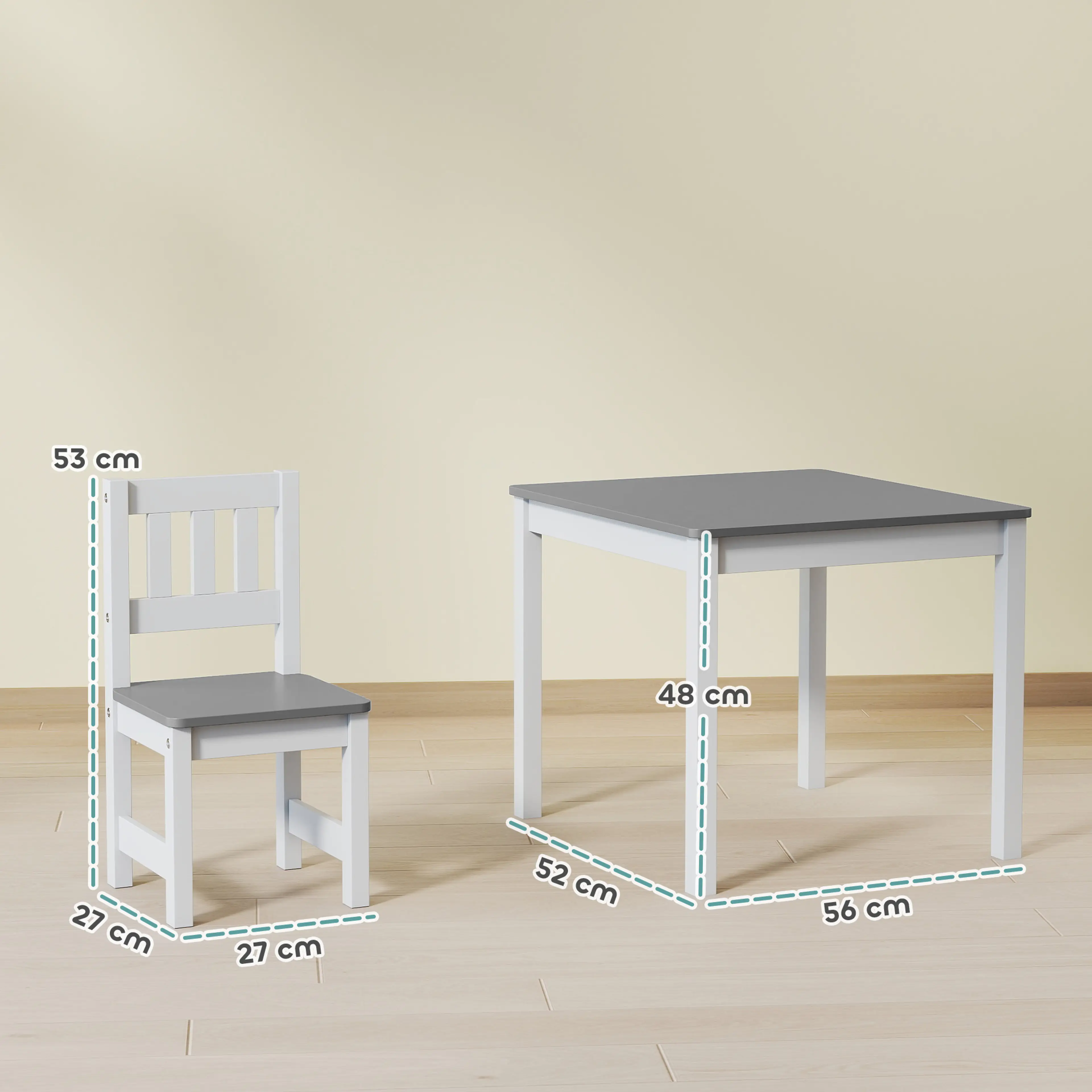 Måttbild: bordet är 56 × 52 × 48 cm och stolarna 27 × 27 × 53 cm