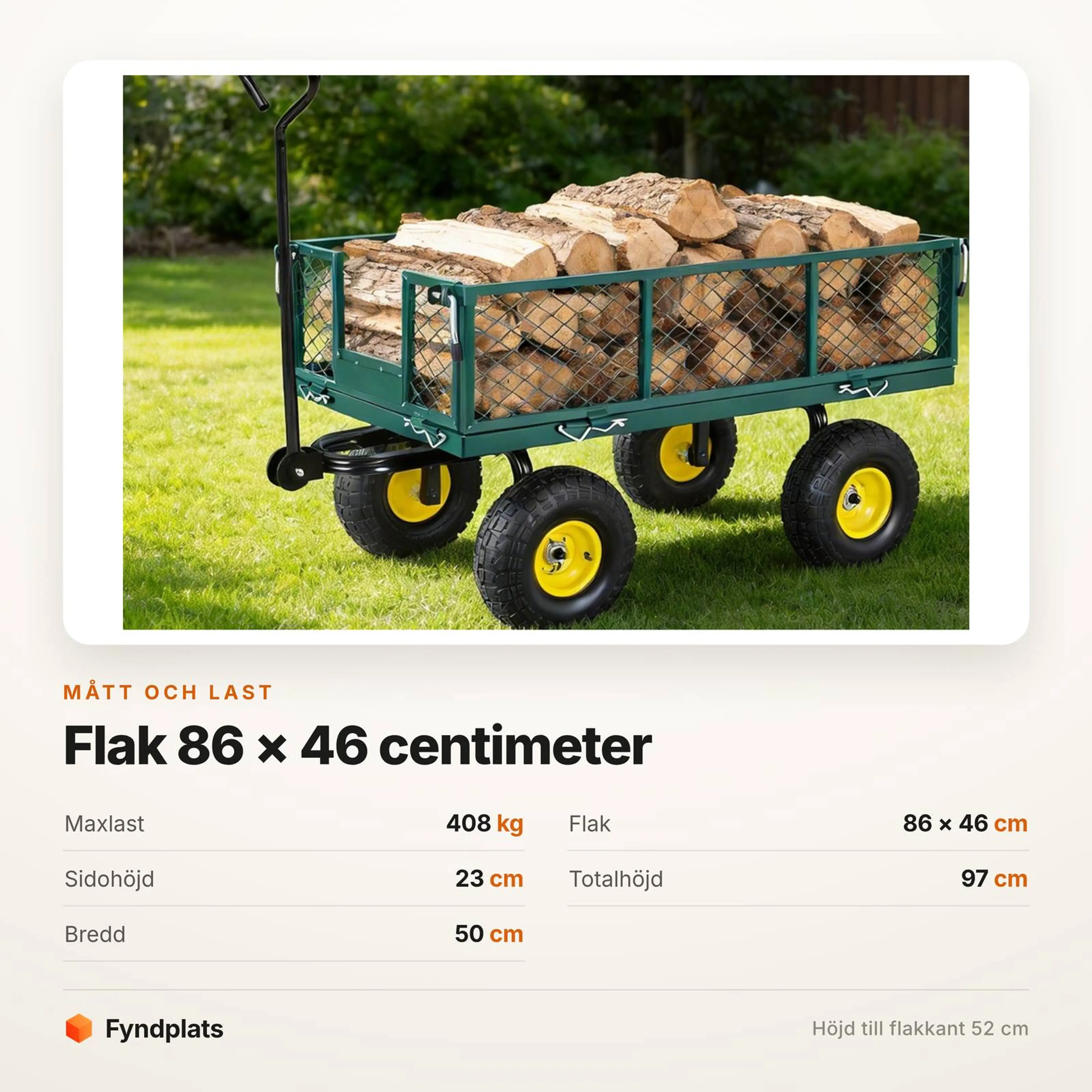 Fyndplats-kort: maxlast 408 kg, flak 86 × 46 cm och sidohöjd 23 cm