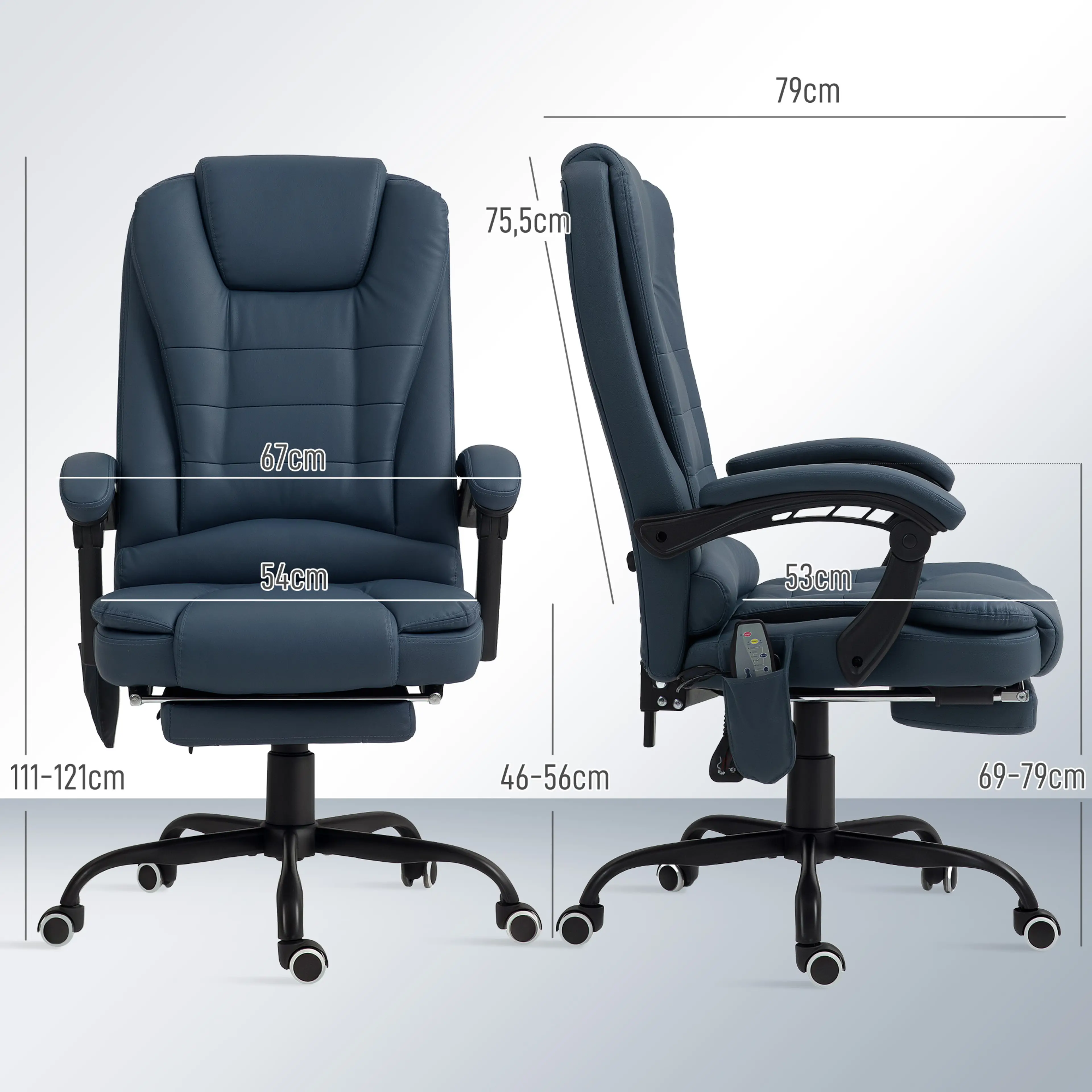 Måttritning med djup 79 cm, ryggstöd 75,5 cm, sits 54 cm och höjd 111–121 cm