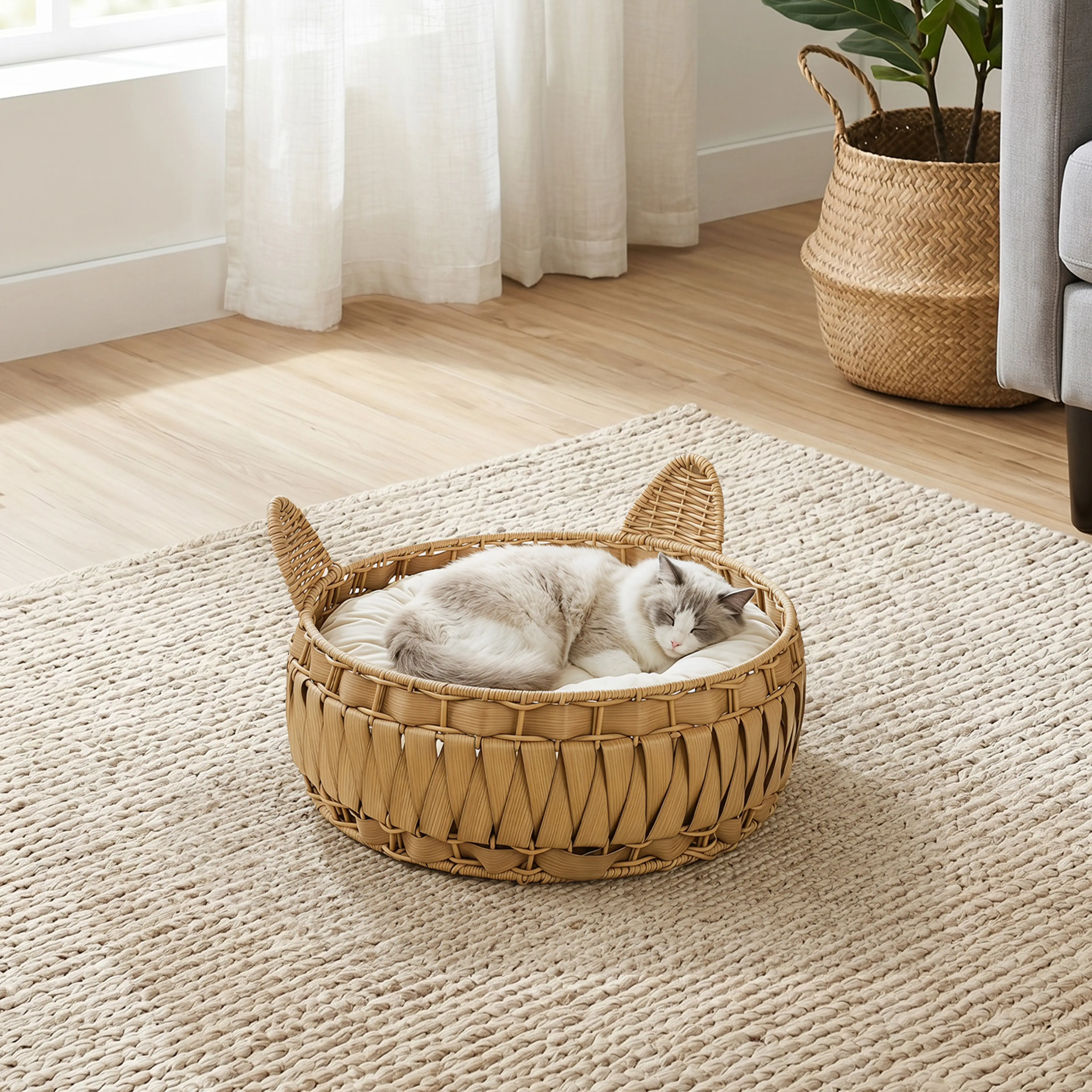 Närbild på en katt som sover hoprullad i kattbädden på en ljus rya