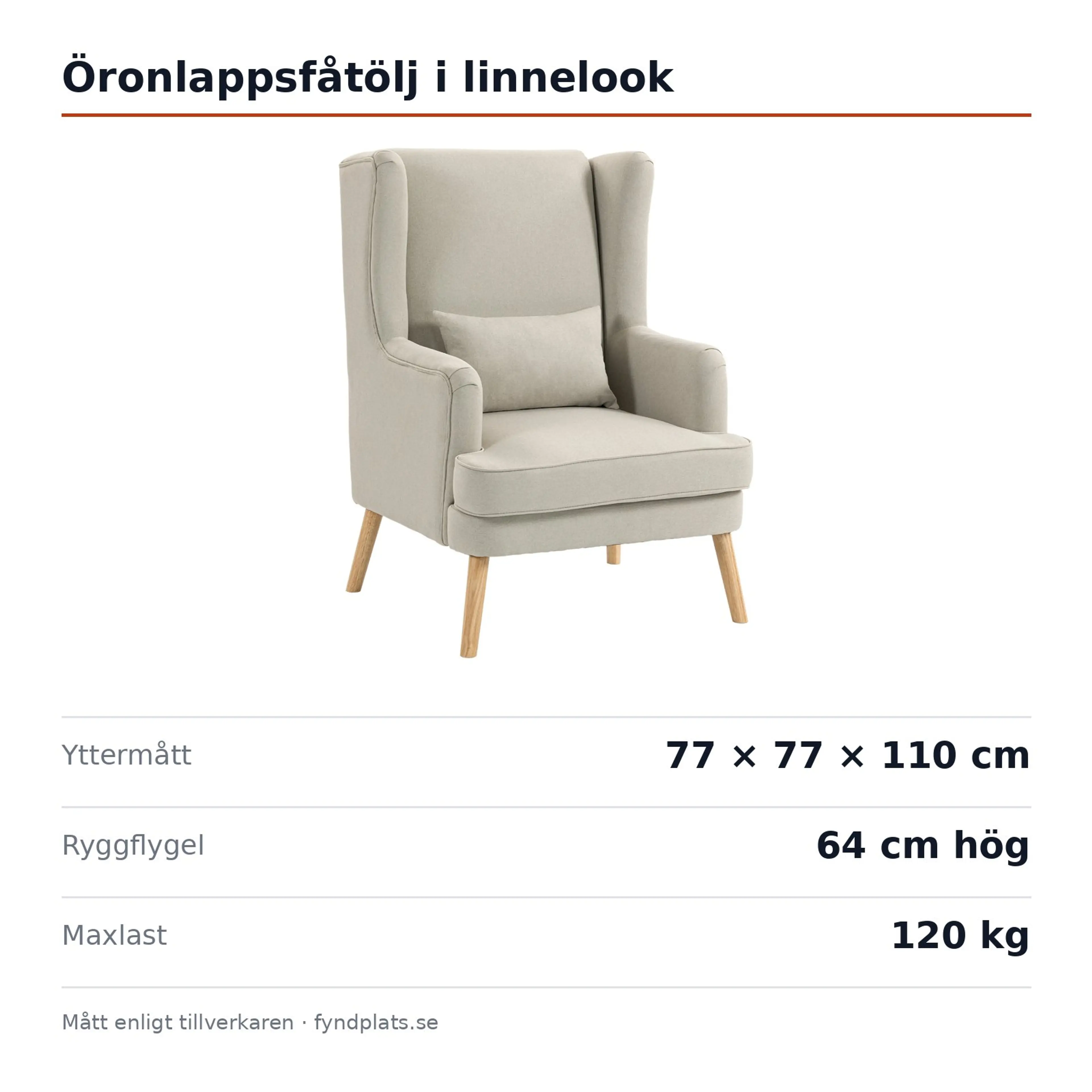 Spec-kort: öronlappsfåtölj 77 × 77 × 110 cm, sittyta 57 × 55 cm, maxlast 120 kg