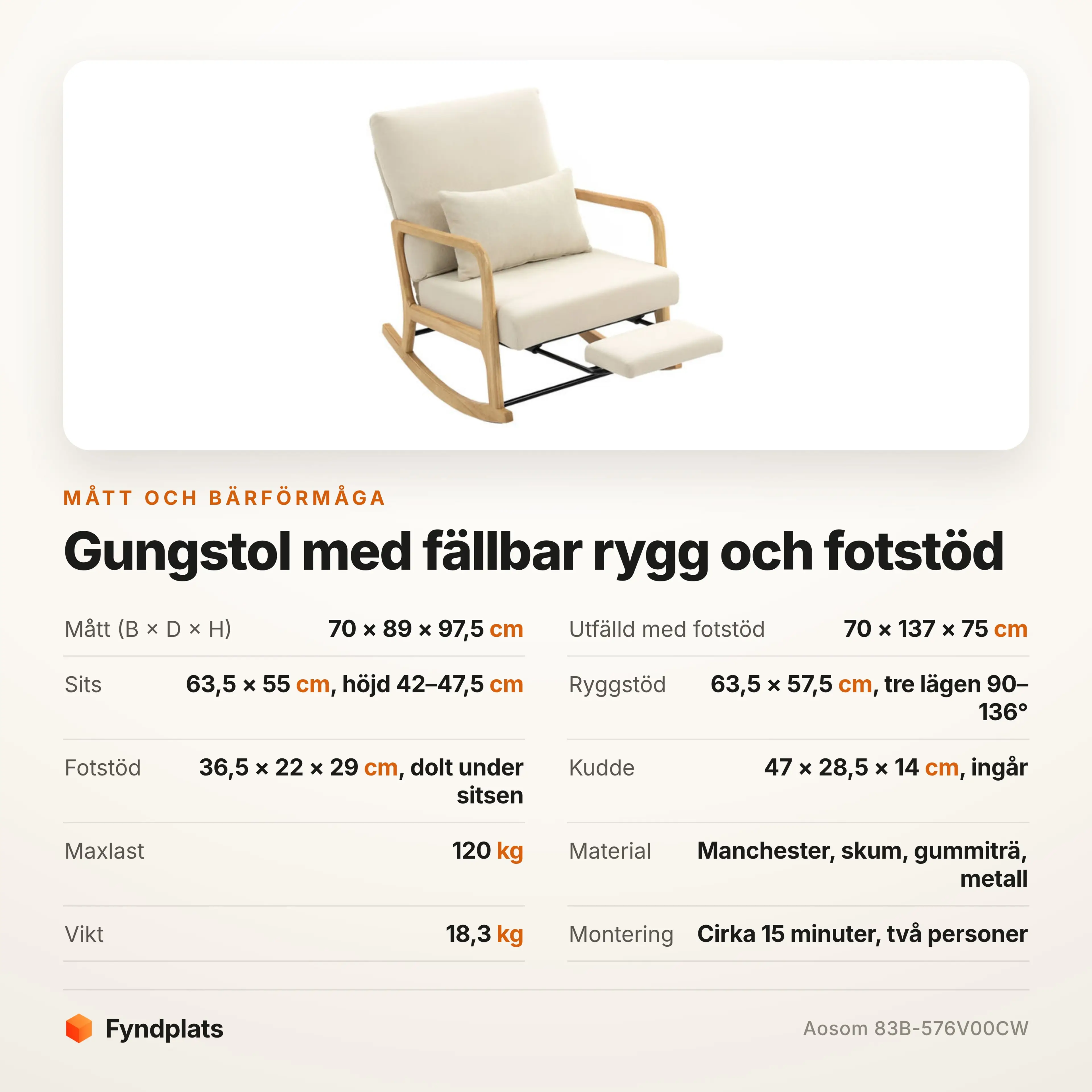 Specifikationskort med mått i hopfällt och utfällt läge samt rygglägen